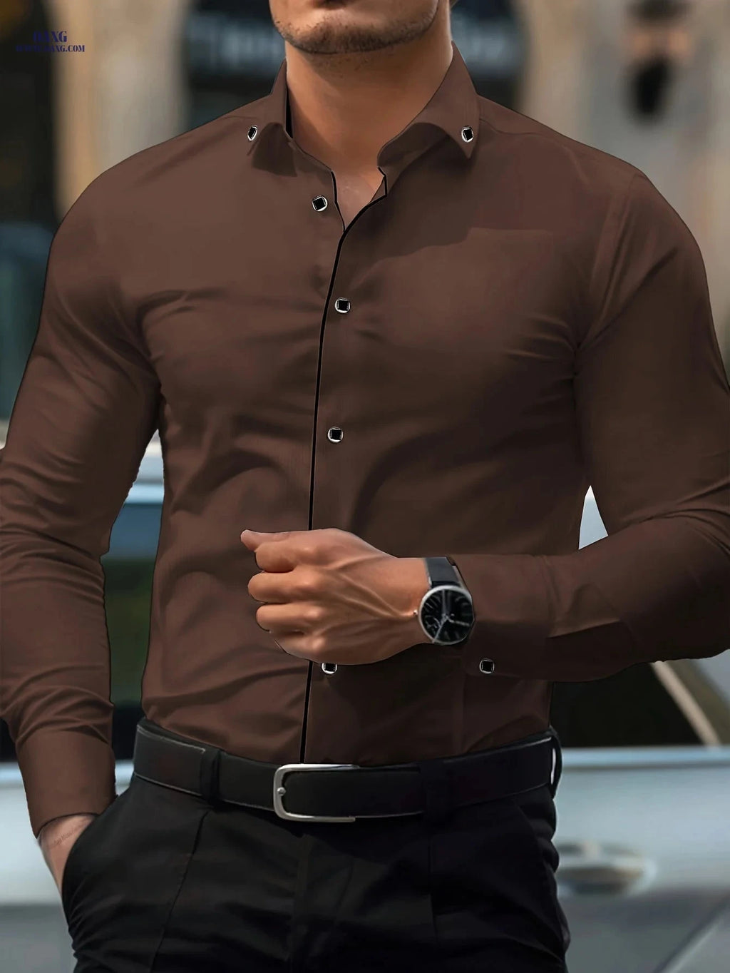 Men's Slim Fit White Dress Shirt - Unique Button Details, All-Season   OAXG 