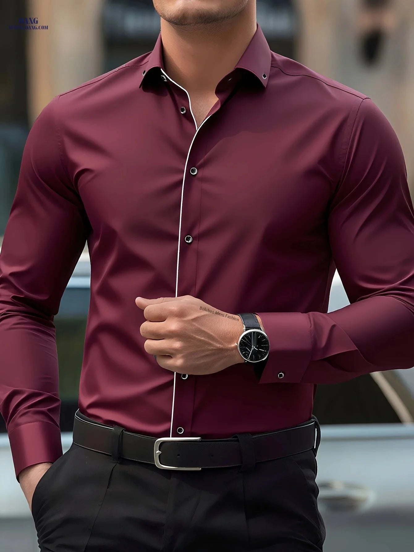 Men's Slim Fit White Dress Shirt - Unique Button Details, All-Season   OAXG 