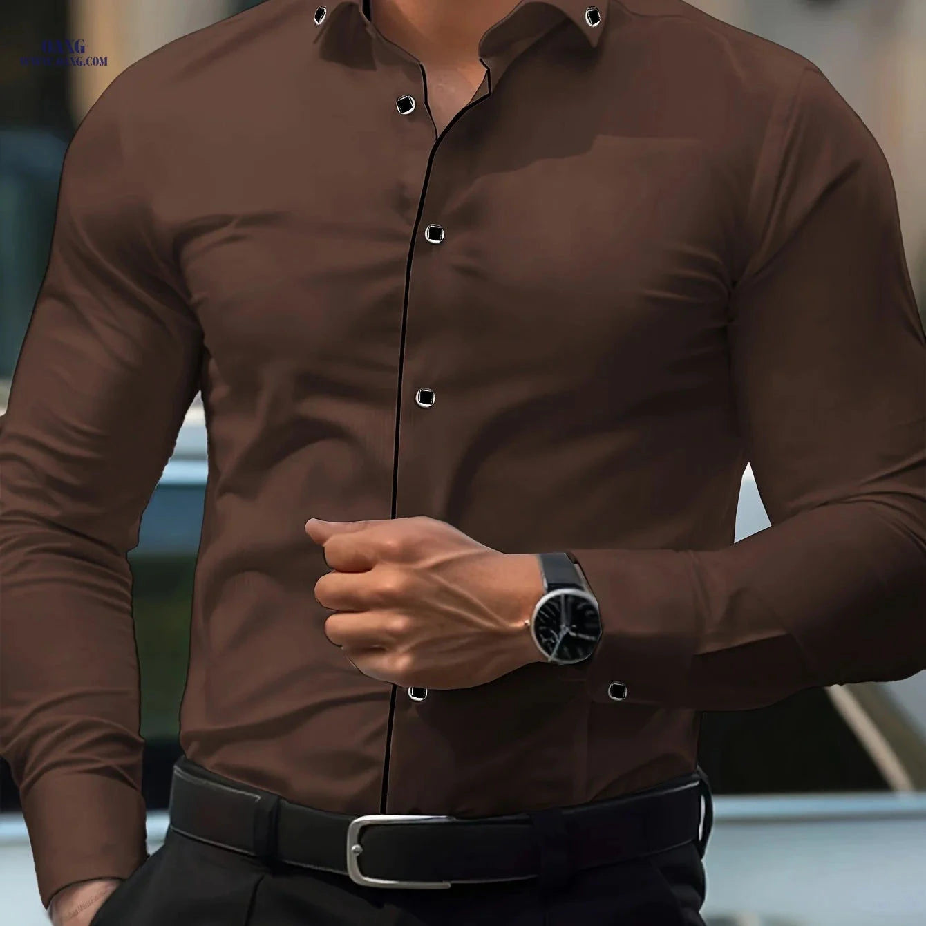 Men's Slim Fit White Dress Shirt - Unique Button Details, All-Season   OAXG Sky Blue / FR S