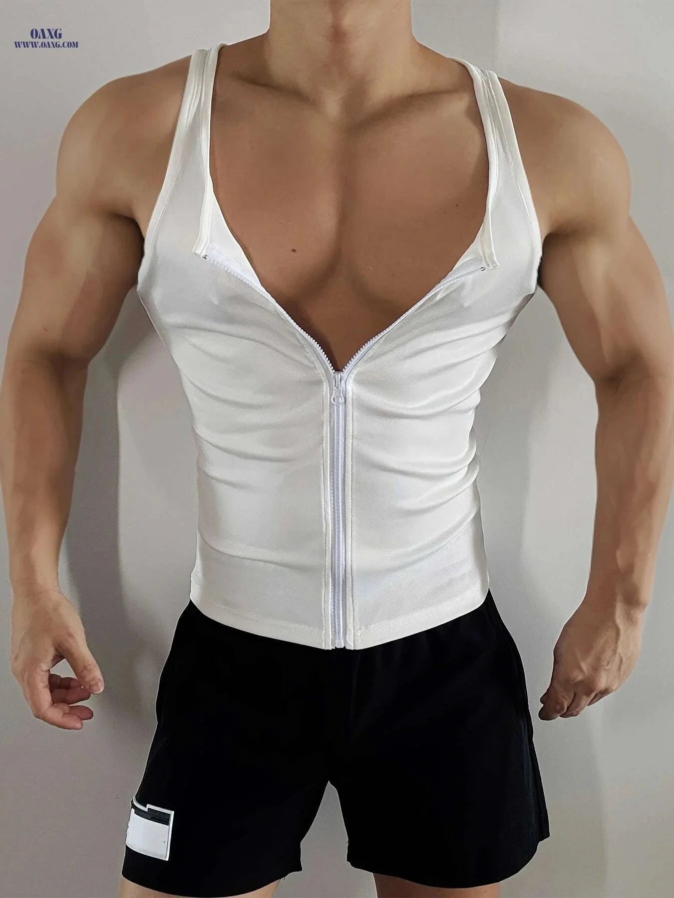 Men's Slim Fit Zip-Up Tank Top - Casual Solid White, All-Season   OAXG 
