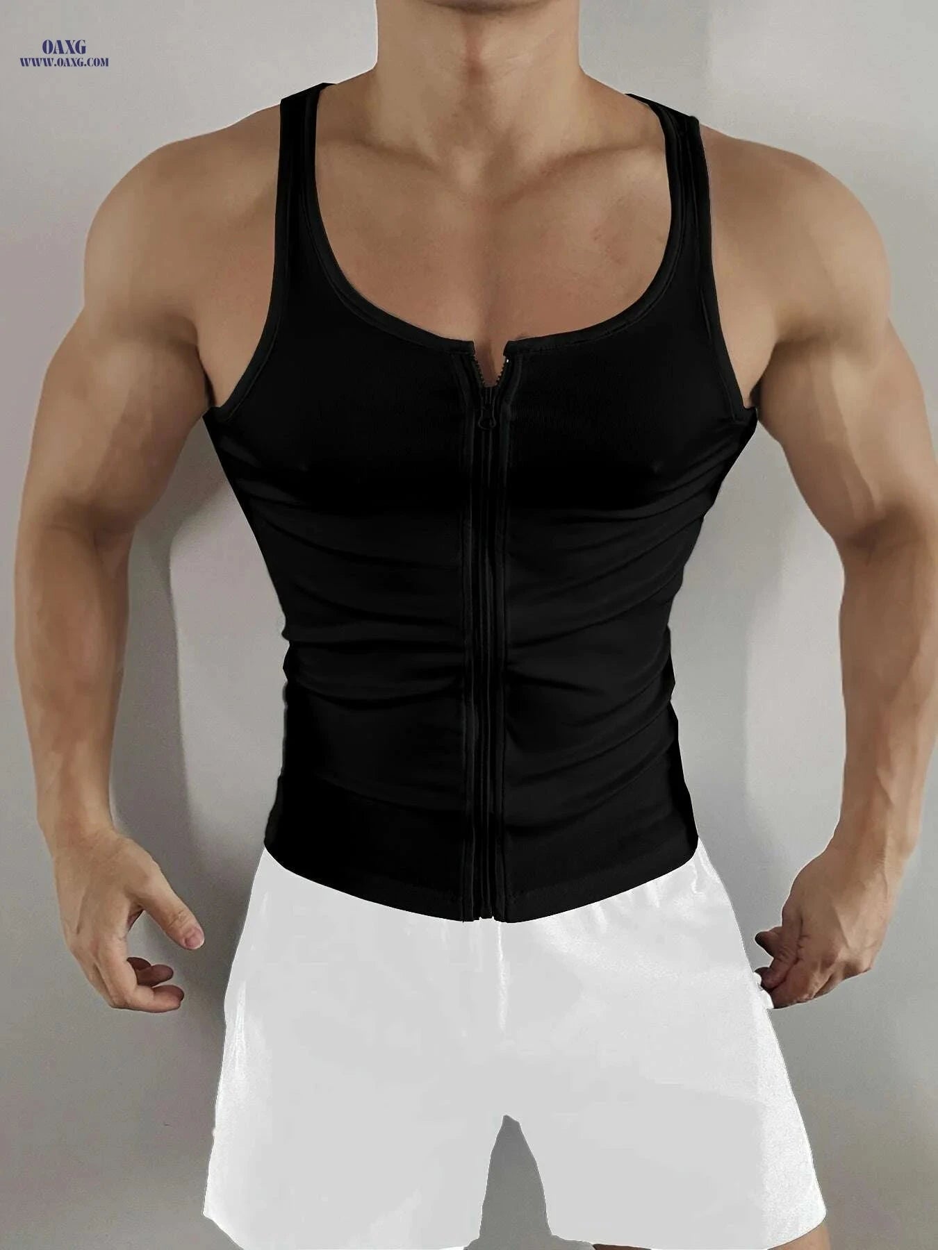 Men's Slim Fit Zip-Up Tank Top - Casual Solid White, All-Season   OAXG 