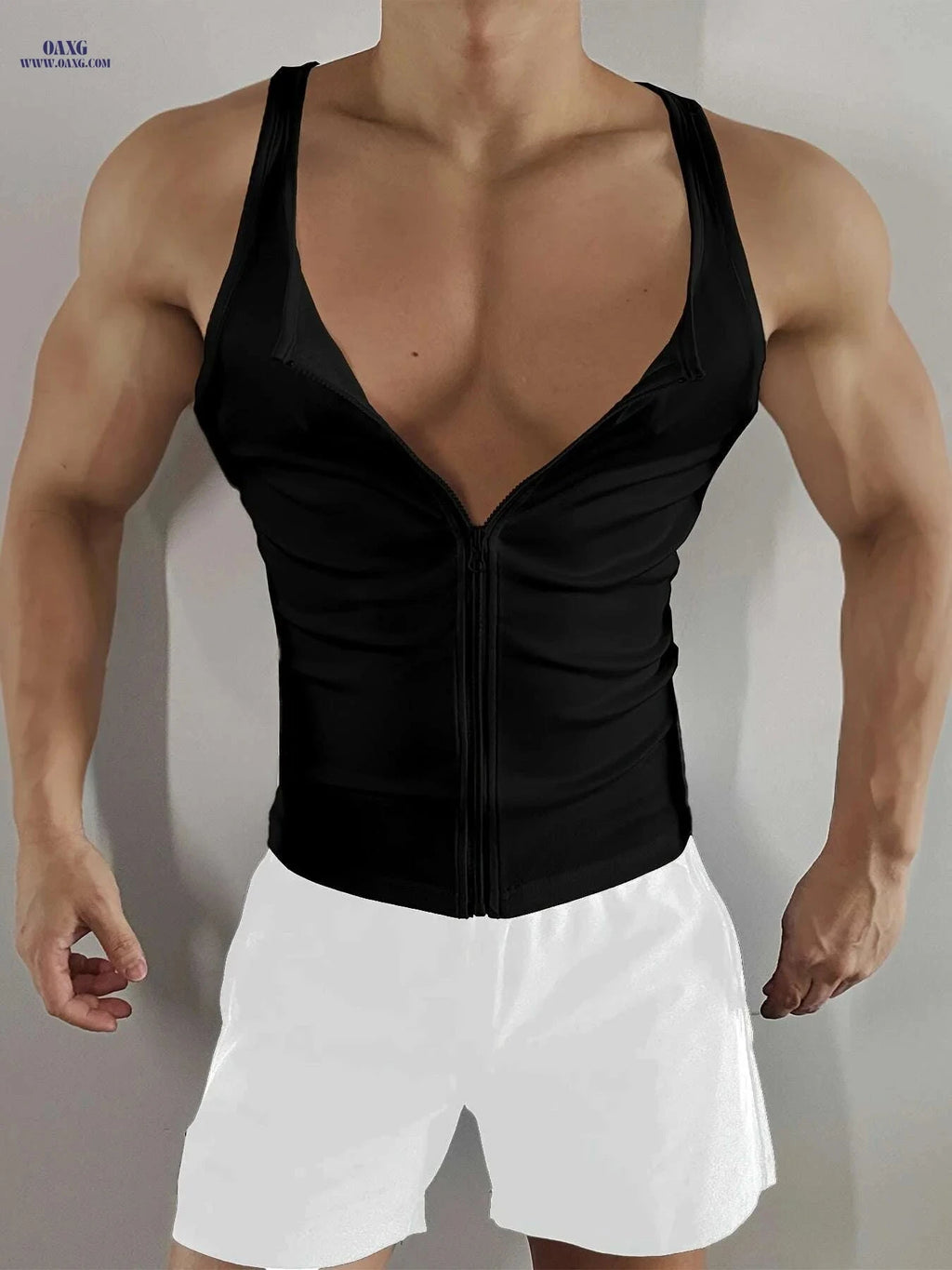Men's Slim Fit Zip-Up Tank Top - Casual Solid White, All-Season   OAXG 