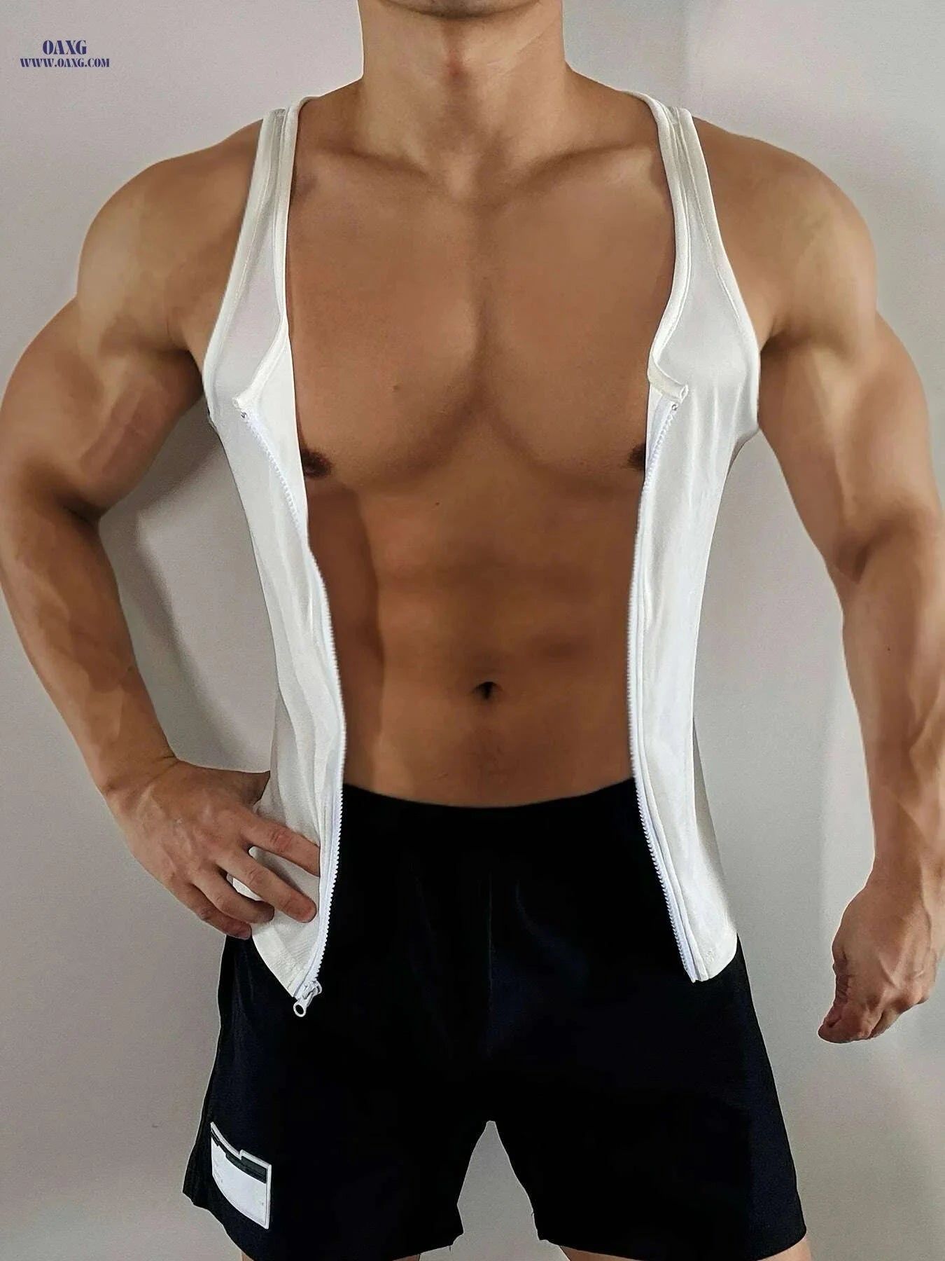 Men's Slim Fit Zip-Up Tank Top - Casual Solid White, All-Season   OAXG White / S