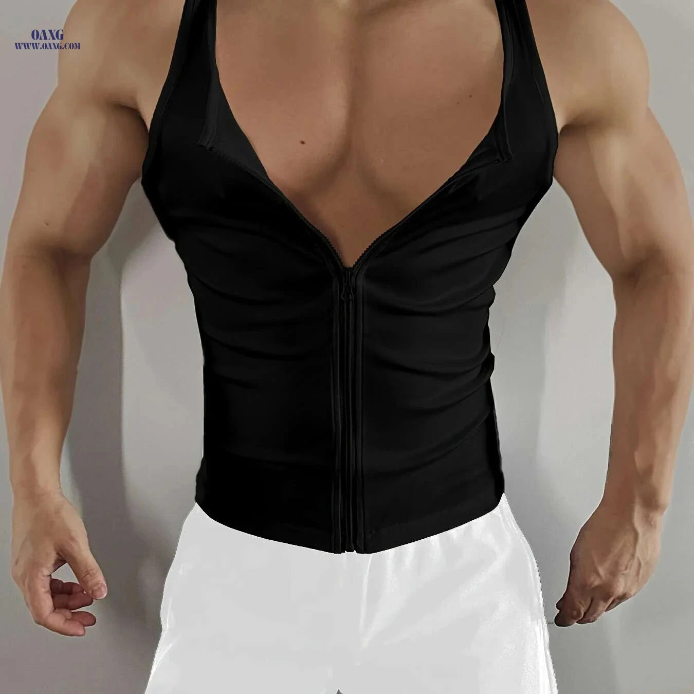 Men's Slim Fit Zip-Up Tank Top - Casual Solid White, All-Season   OAXG White / S