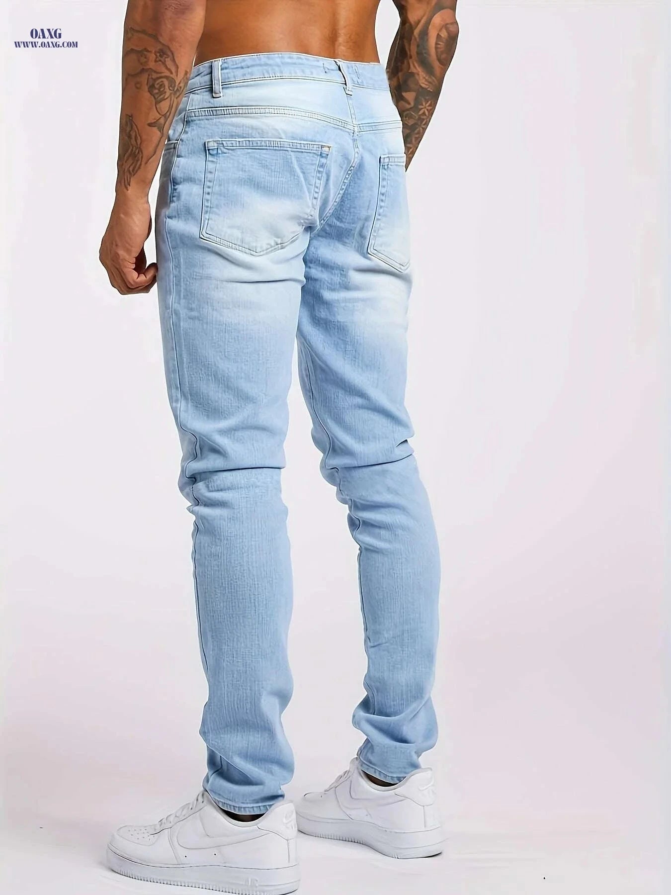 Men's Slim Stretch Jeans - Light Blue All-Season Casual Trousers   OAXG 