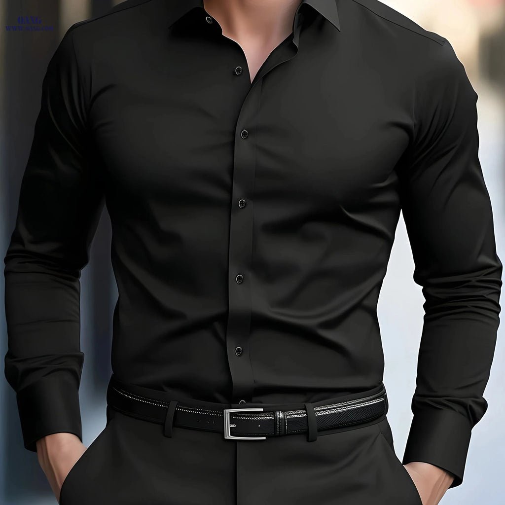 Men's Solid Color Button-Up Shirt - Long Sleeve Casual Style   OAXG 