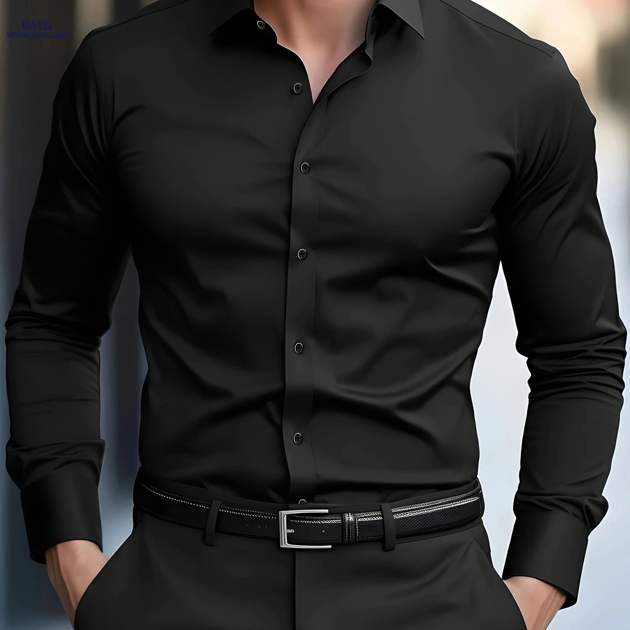 Men's Solid Color Button-Up Shirt - Long Sleeve Casual Style   OAXG 