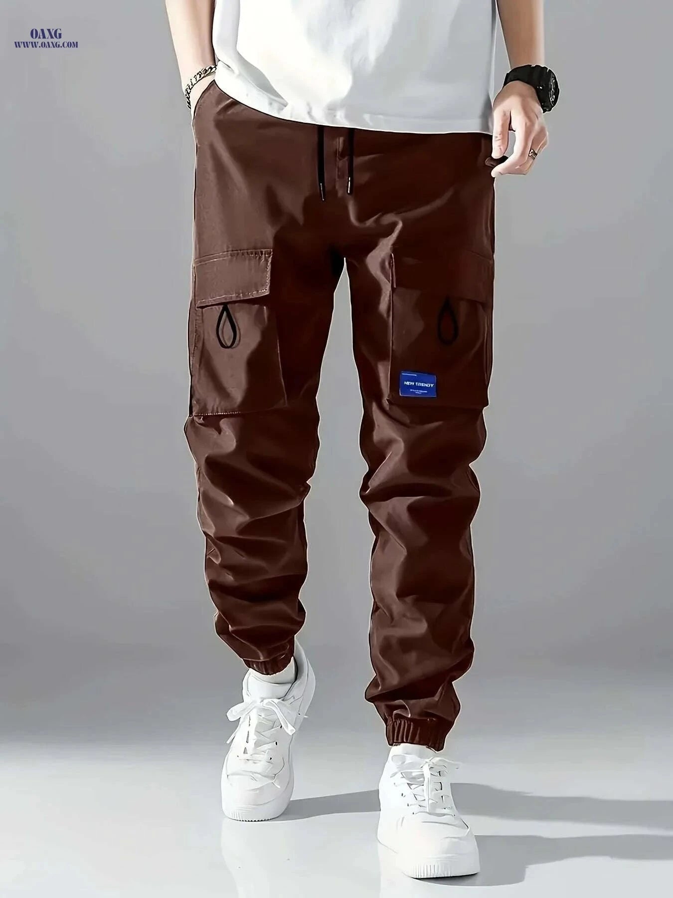 Men's Solid Color Cargo Pants with Pockets - All-Season Comfort   OAXG Black / S