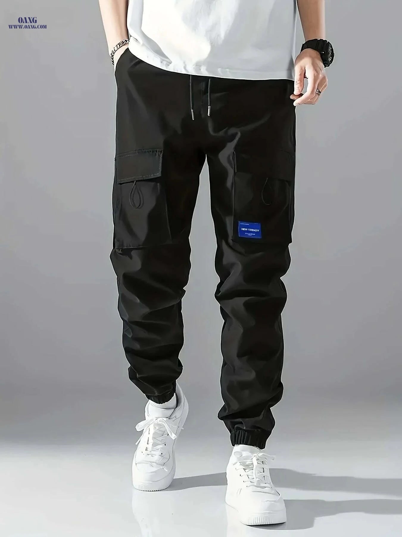 Men's Solid Color Cargo Pants with Pockets - All-Season Comfort   OAXG Black / S