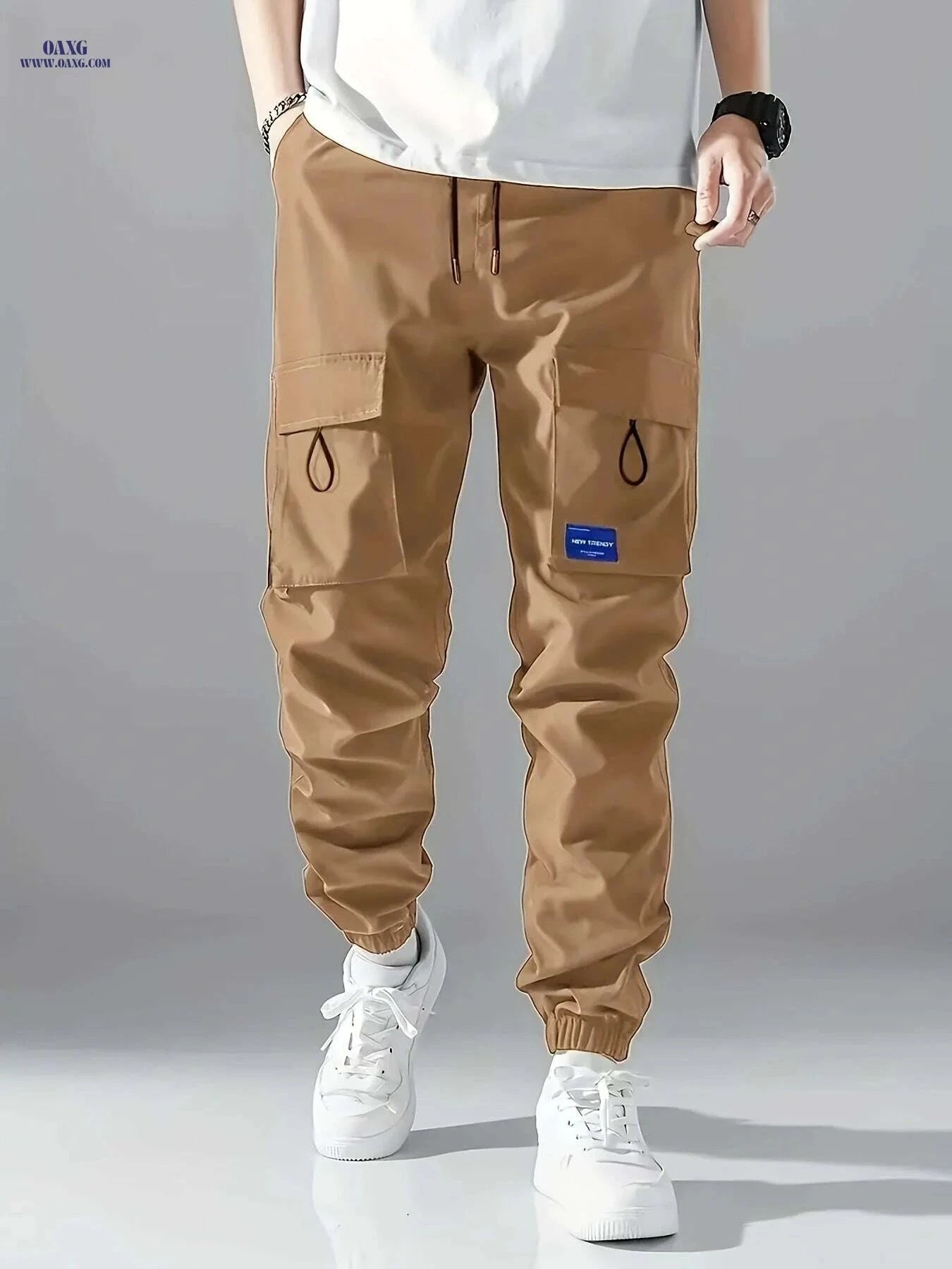Men's Solid Color Cargo Pants with Pockets - All-Season Comfort   OAXG 