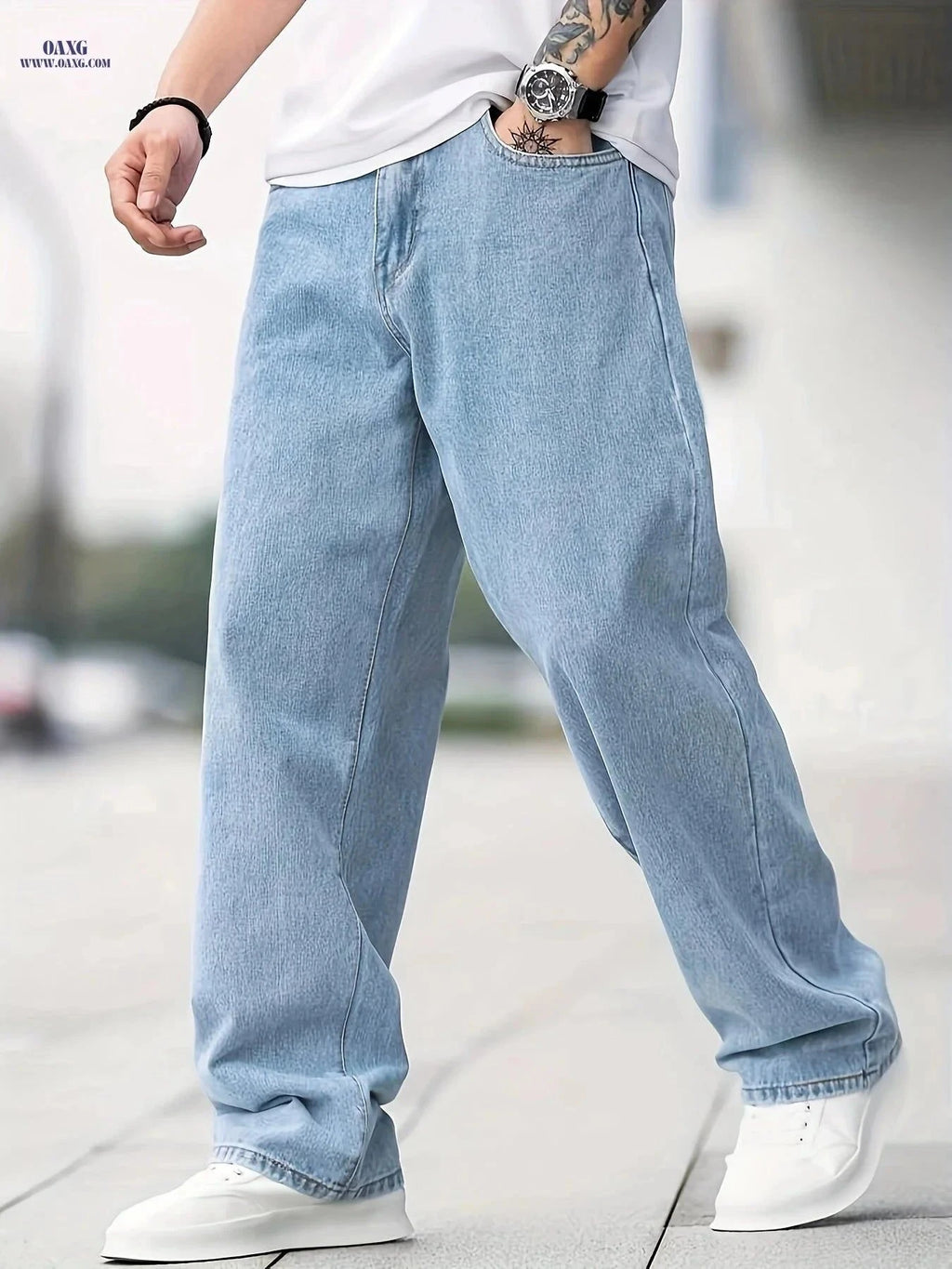 Men's Solid Color Casual Jeans - Extra Long, Straight Leg Style   OAXG Light Blue / FR S