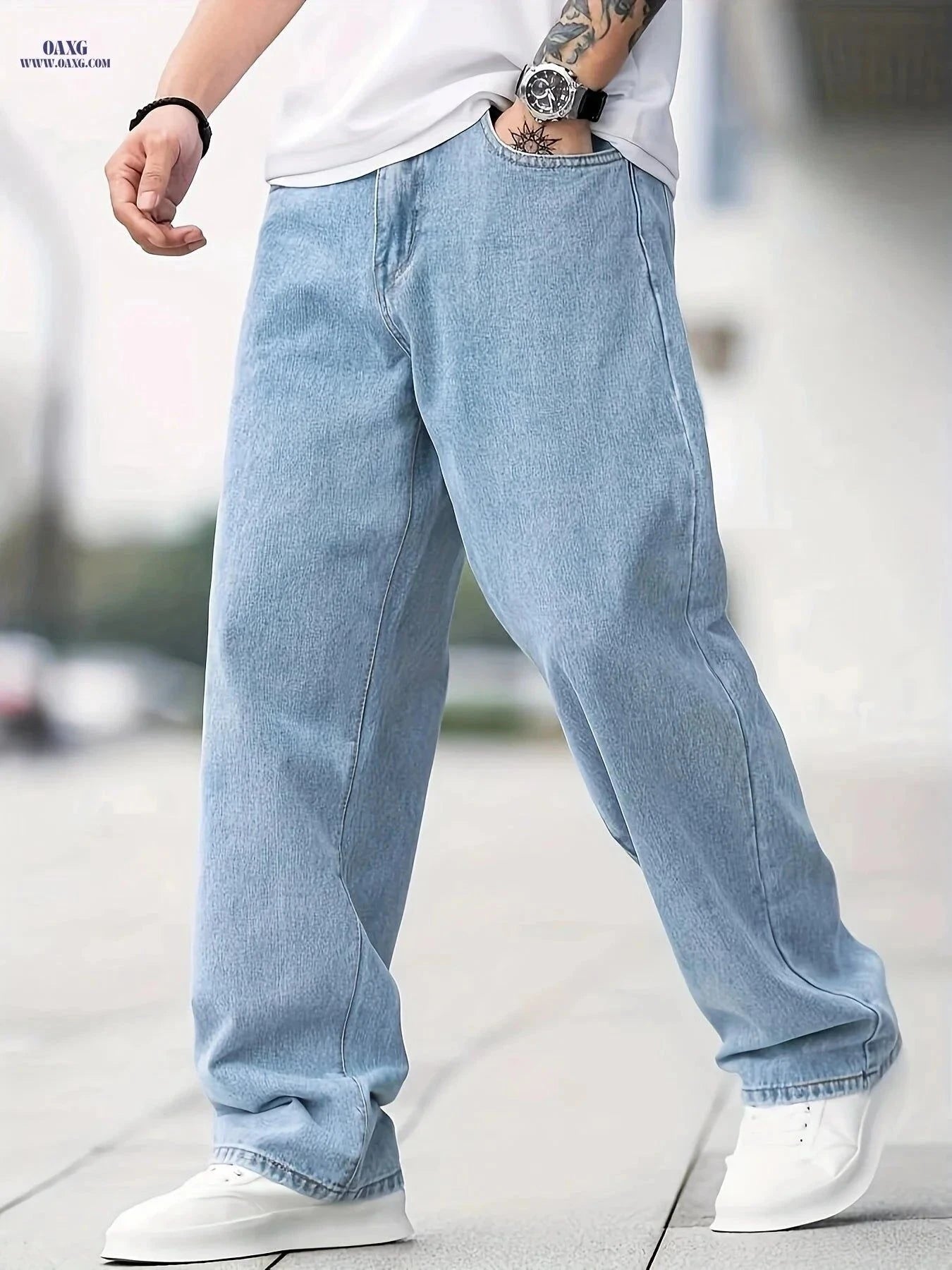 Men's Solid Color Casual Jeans - Extra Long, Straight Leg Style   OAXG Light Blue / FR S