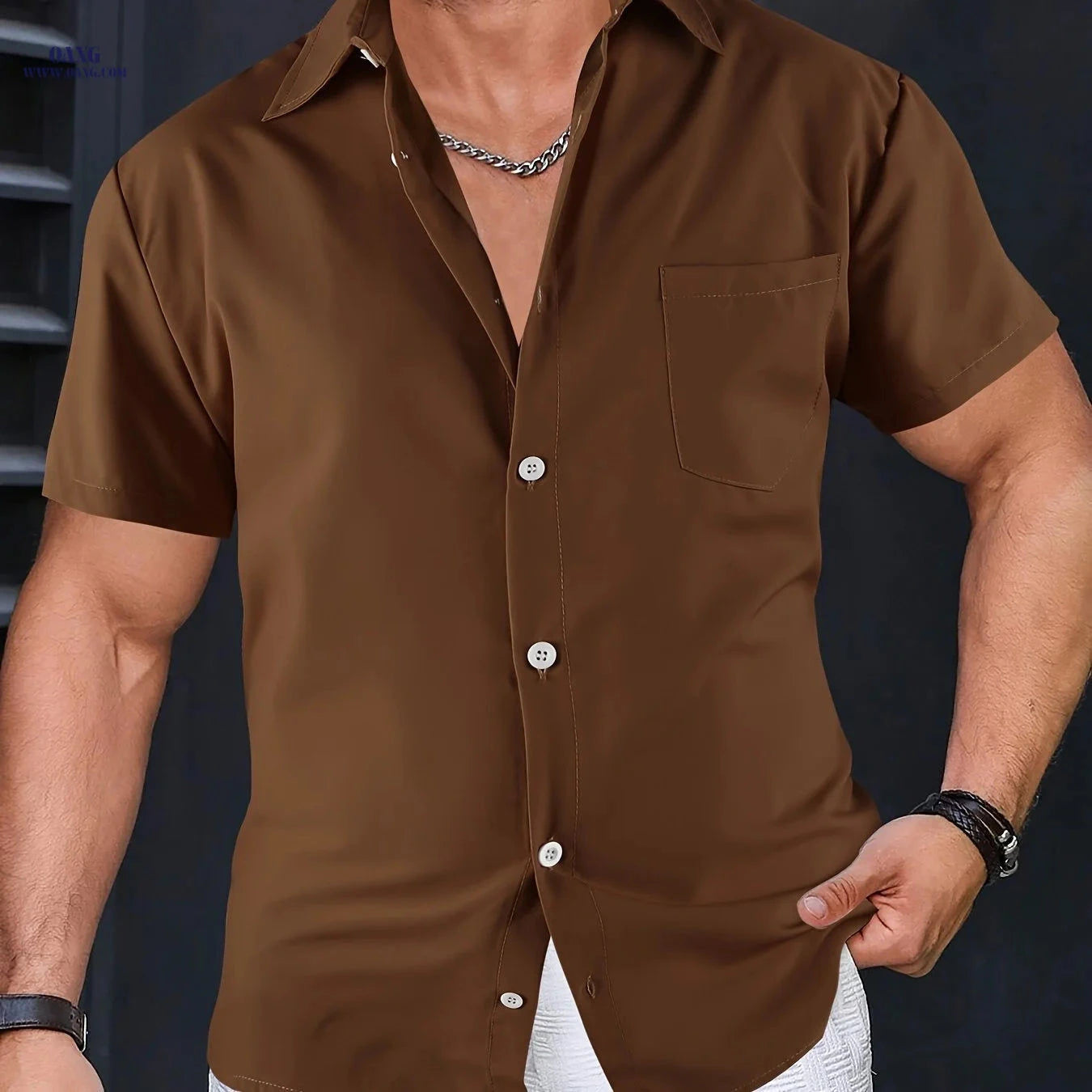 Men's Solid Color Casual Shirt - Short Sleeve Lapel Tops for Summer   OAXG 