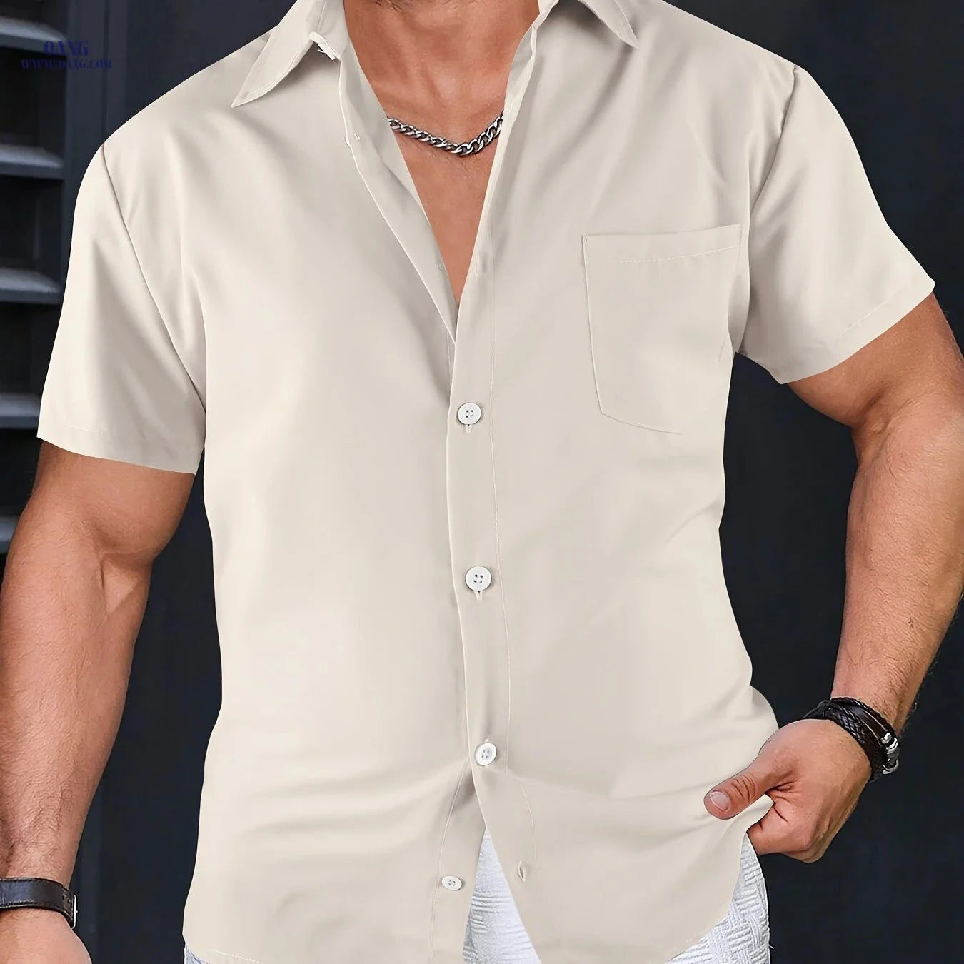 Men's Solid Color Casual Shirt - Short Sleeve Lapel Tops for Summer   OAXG 