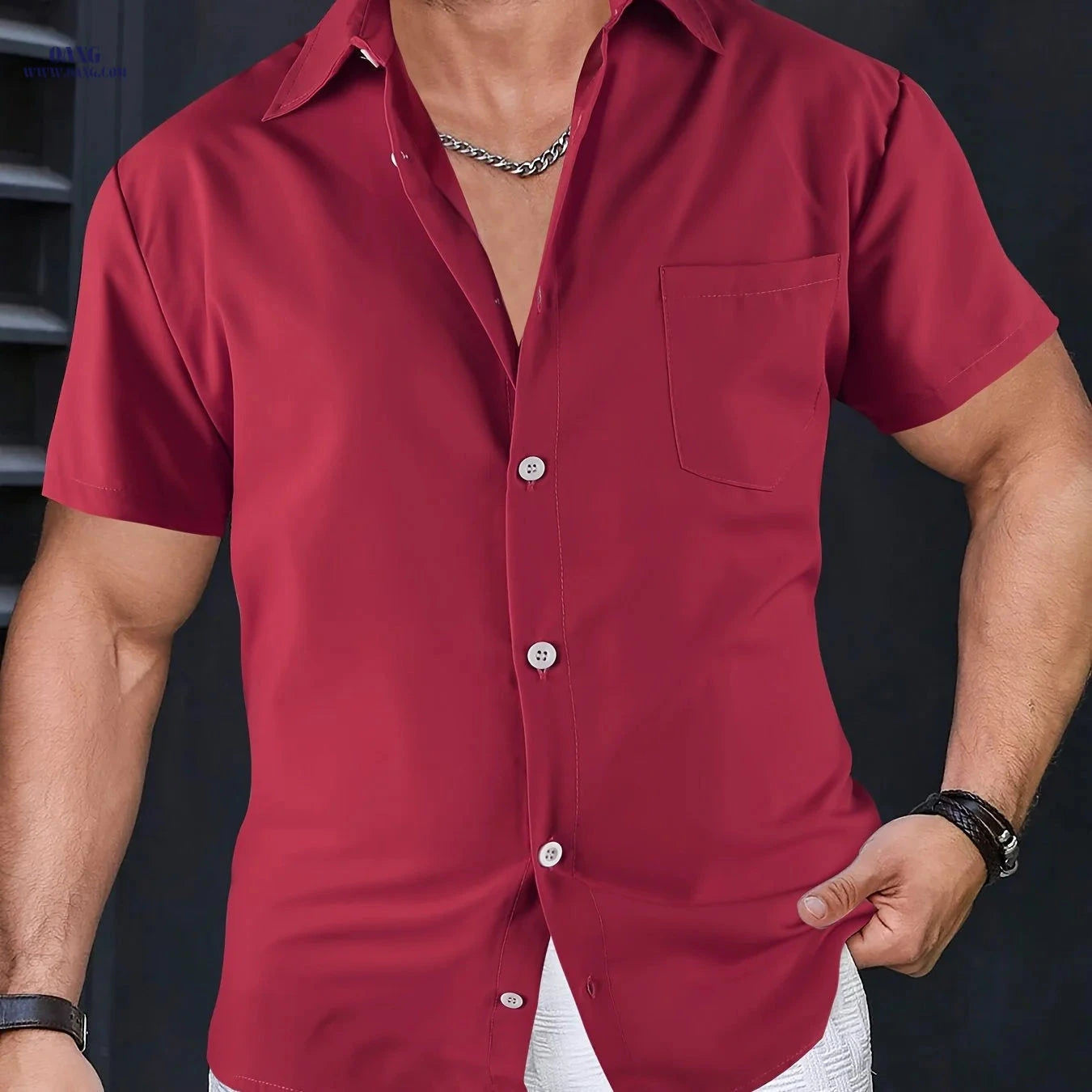 Men's Solid Color Casual Shirt - Short Sleeve Lapel Tops for Summer   OAXG 