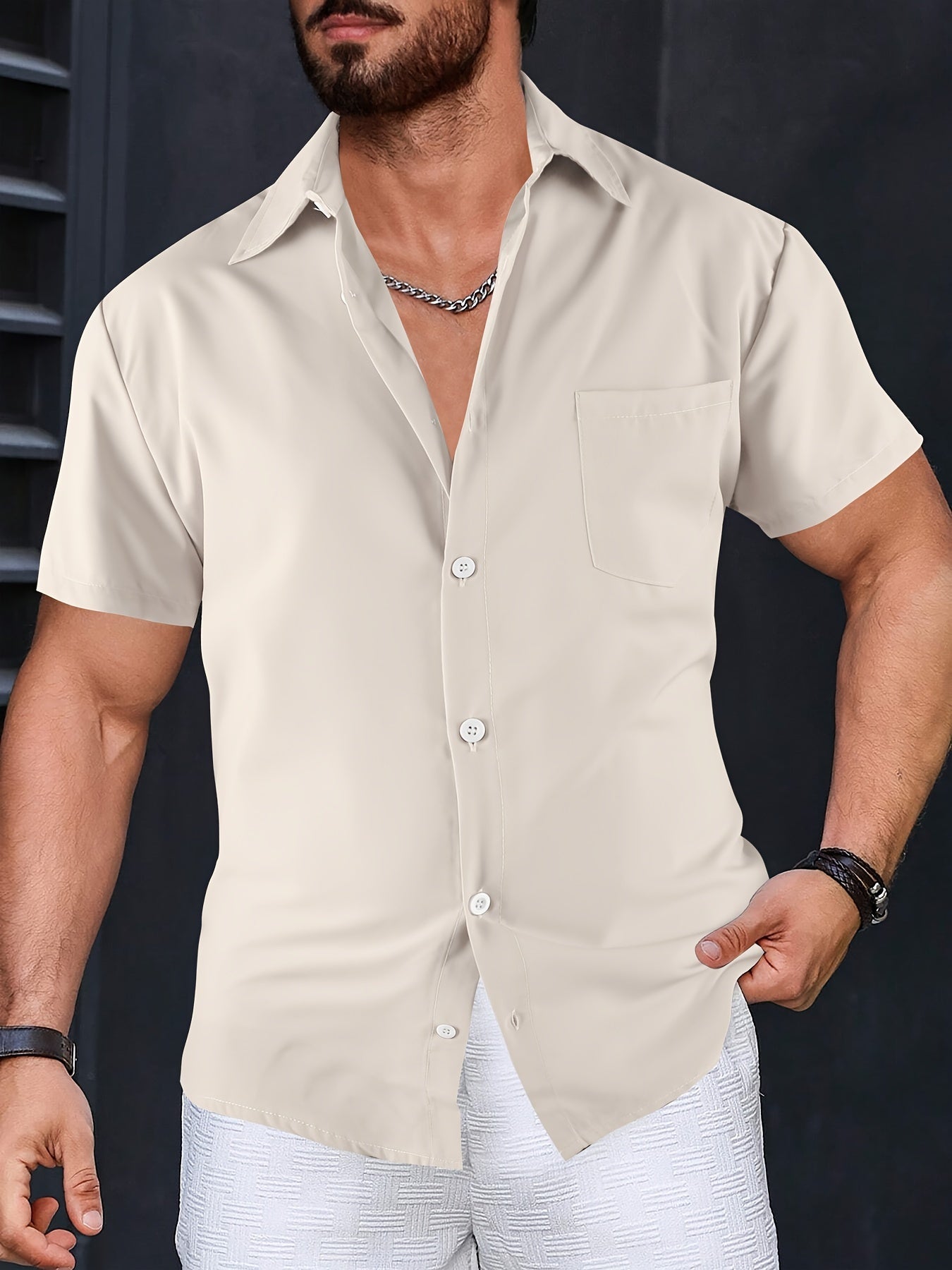 Men's Solid Color Casual Shirt - Short Sleeve Lapel Tops for Summer   OAXG 