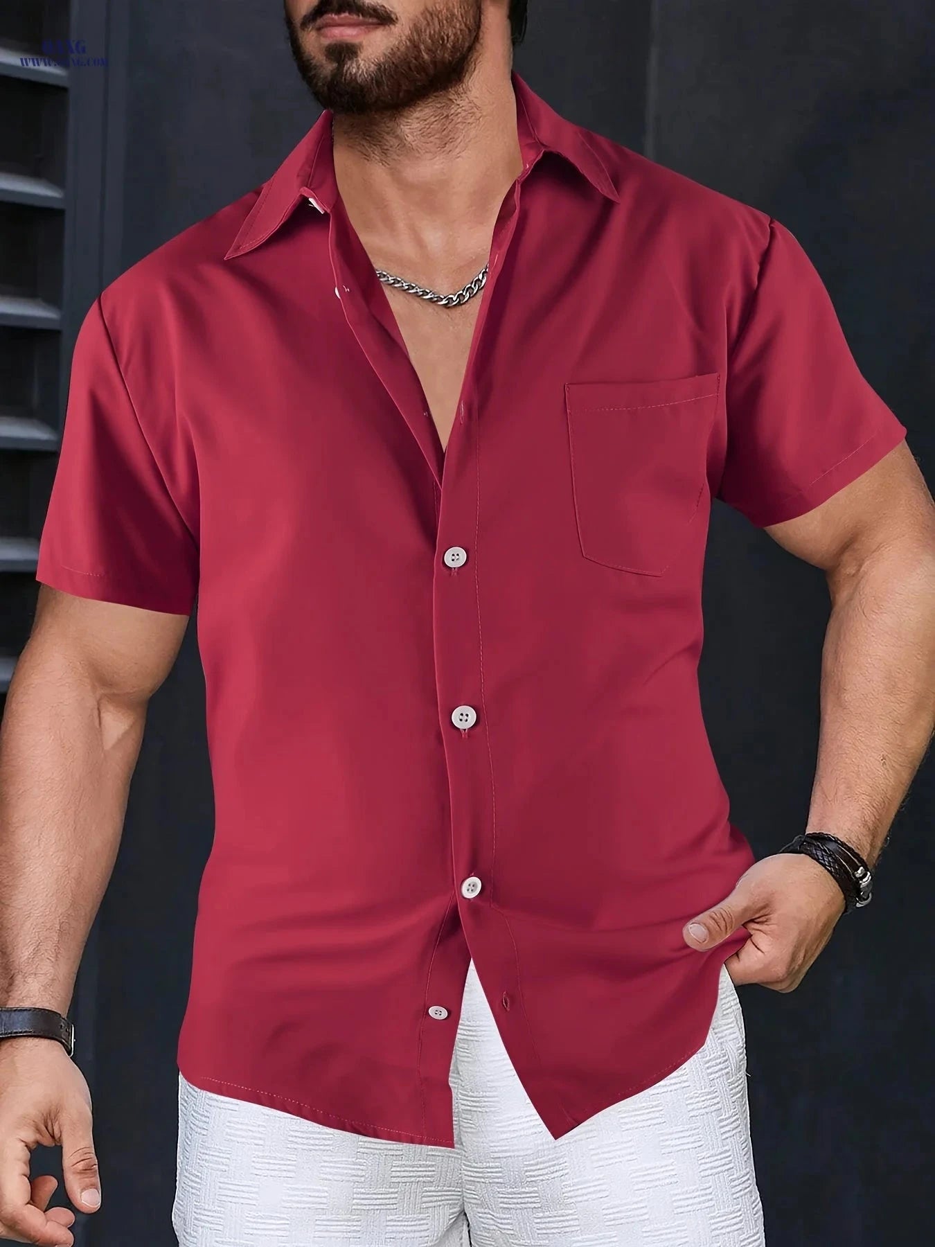 Men's Solid Color Casual Shirt - Short Sleeve Lapel Tops for Summer   OAXG 