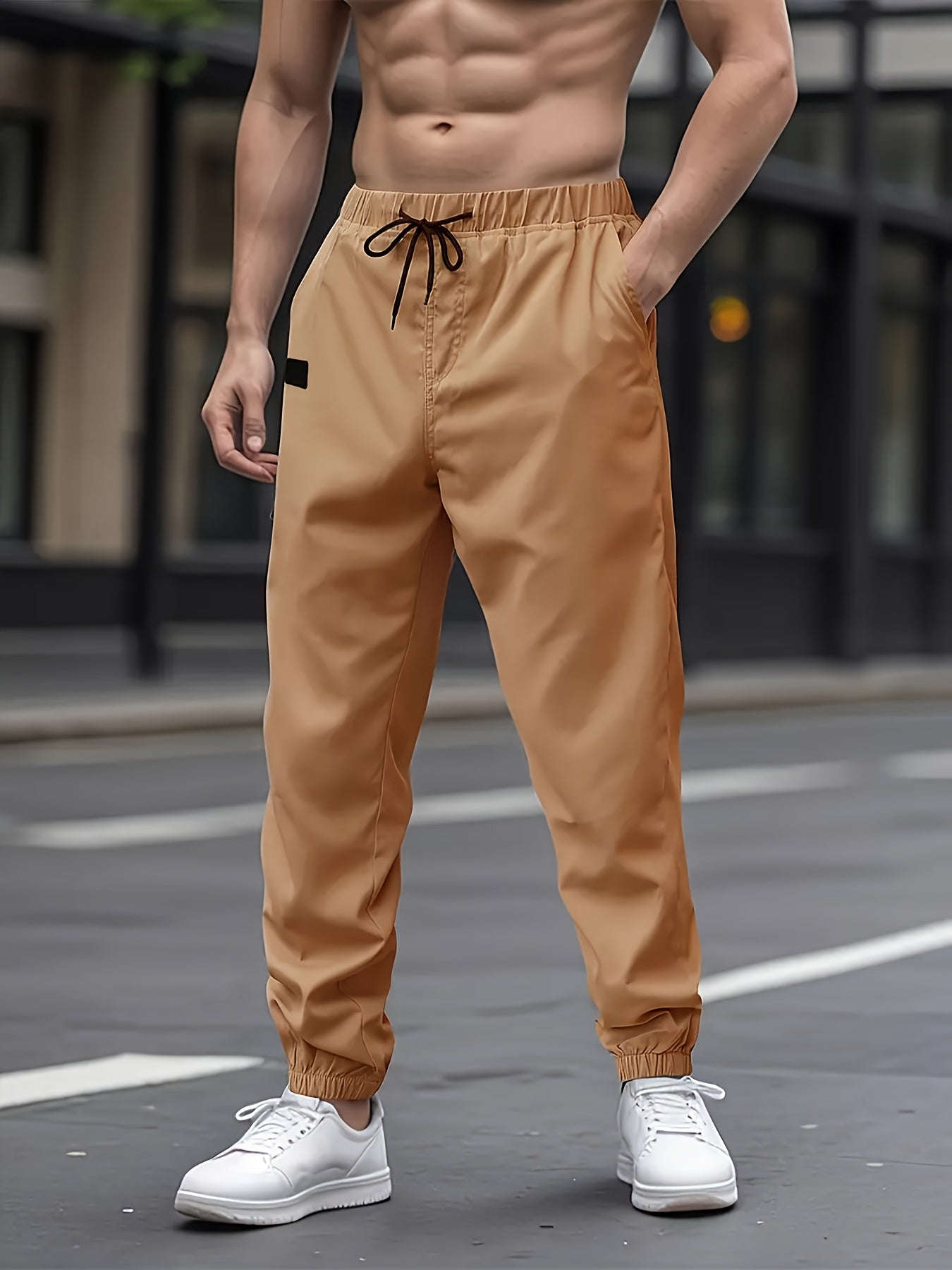 Men's Solid Color Drawstring Cargo Pants - Perfect for Spring & Autumn   OAXG 