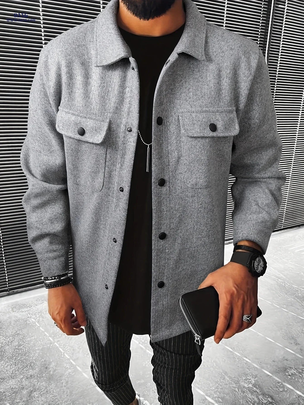 Men's Solid Color Jacket - Sporty Woolen Design for Fall/Winter   OAXG 