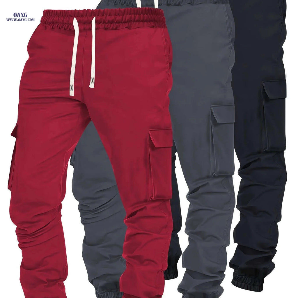 Men's Solid Color Jogger Cargo Pants - Casual Elastic Waist Trousers   OAXG Red + Marl + Black / FR S