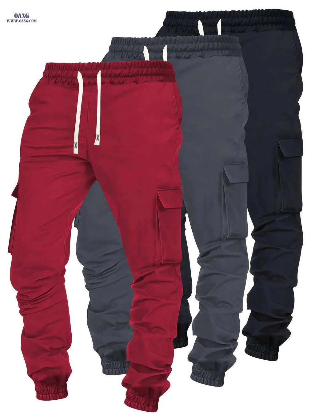 Men's Solid Color Jogger Cargo Pants - Casual Elastic Waist Trousers   OAXG Red + Marl + Black / FR S