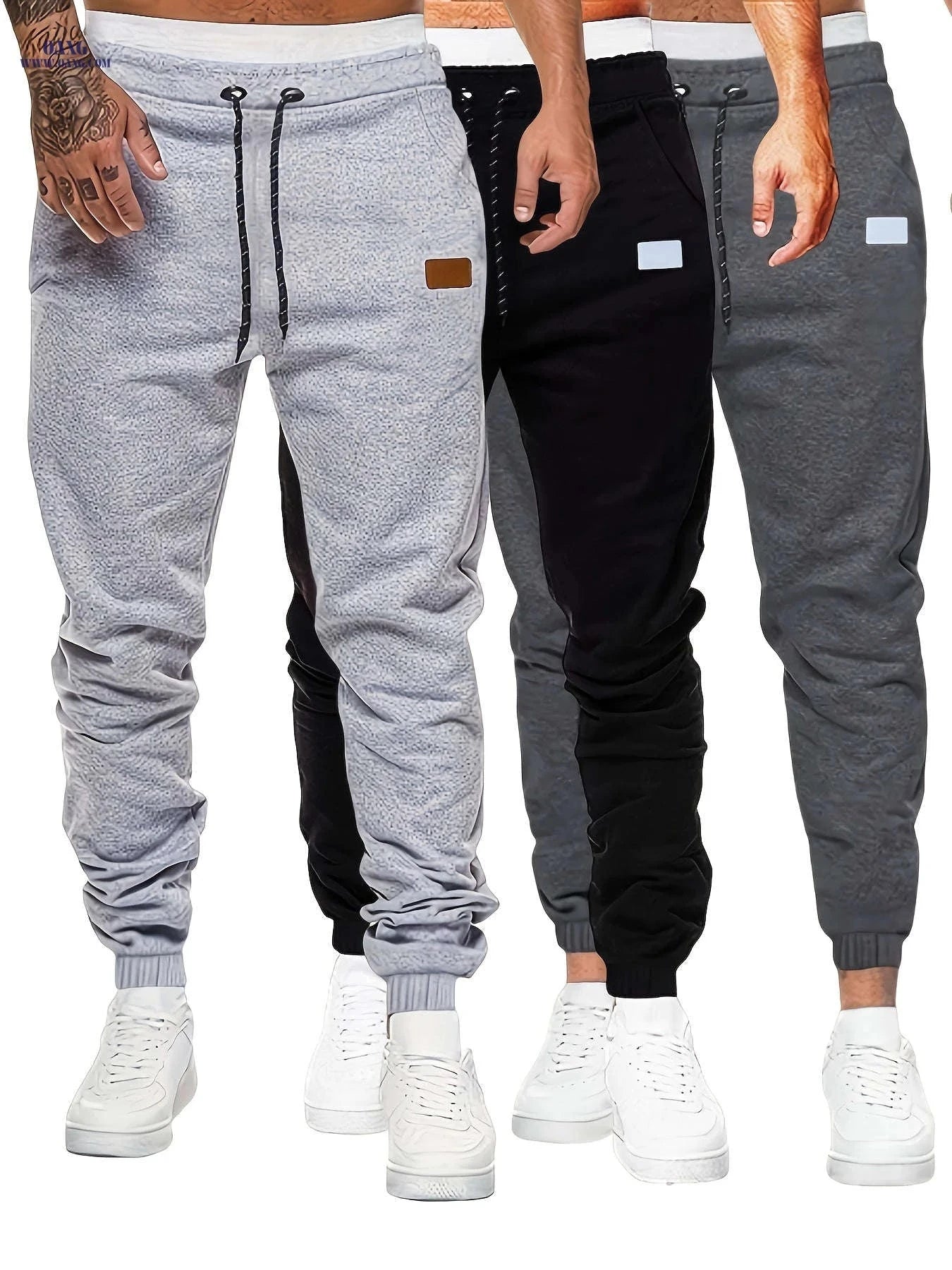 Men's Solid Color Jogger Pants - Elastic Drawstring Waist, Breathable   OAXG Black Plus Light Gray Dark Gray / FR S