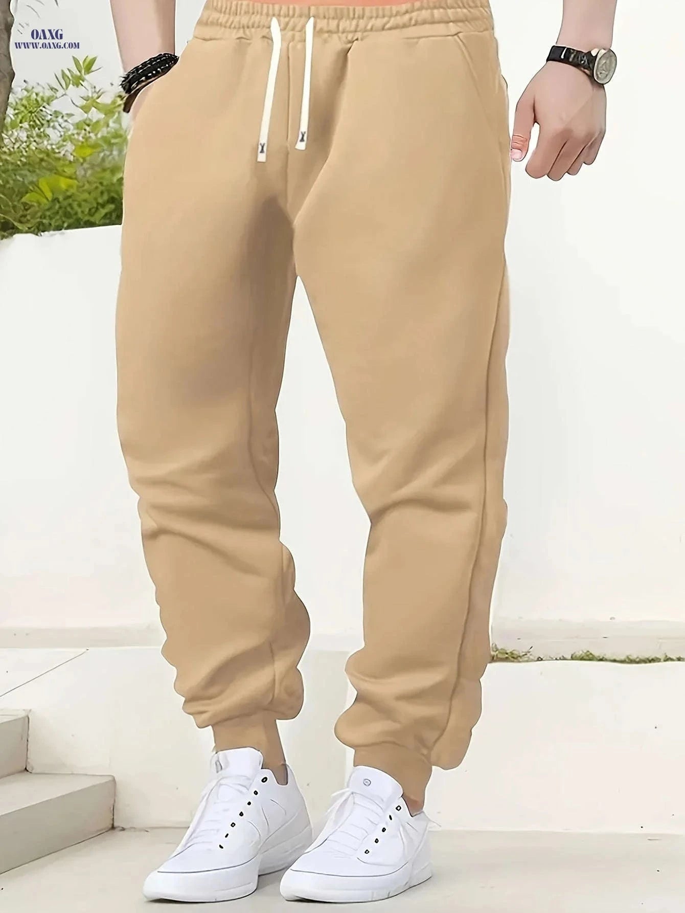 Men's Solid Color Jogger Pants - Elastic Waistband for Comfort   OAXG 