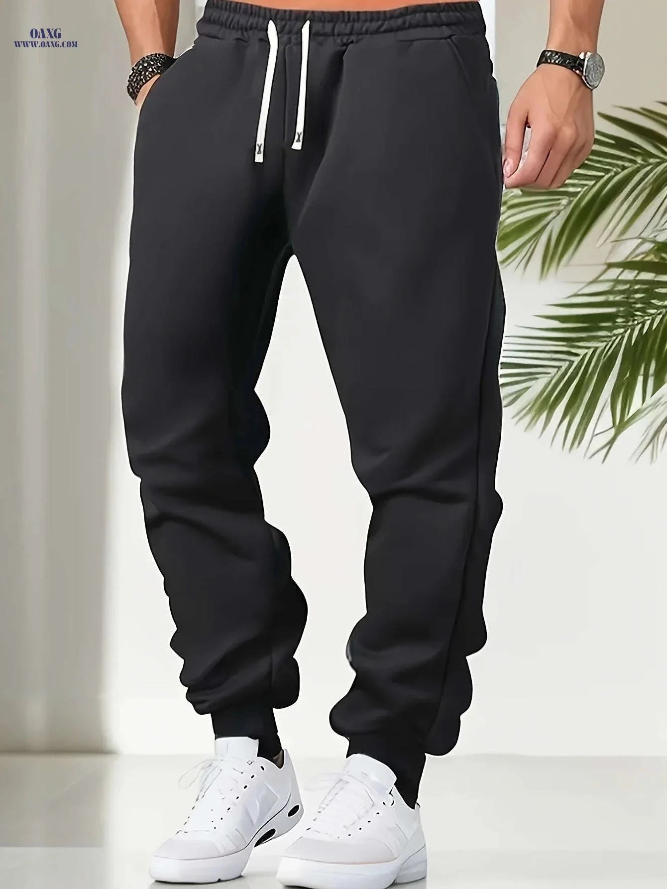 Men's Solid Color Jogger Pants - Elastic Waistband for Comfort   OAXG 