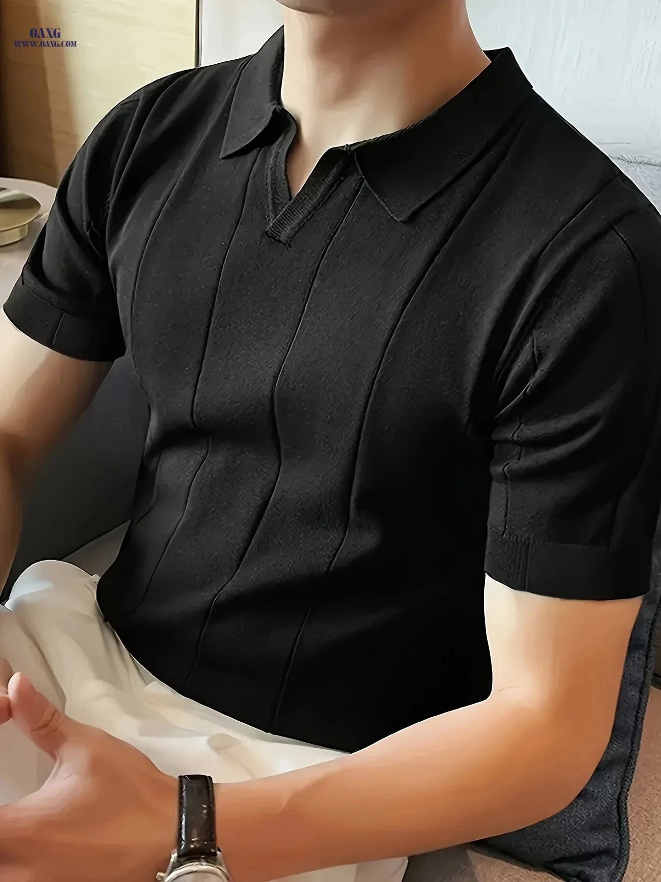 Men’s Solid Color Knitted Polo Shirt - Short Sleeve Casual Workwear   OAXG Black / FR S