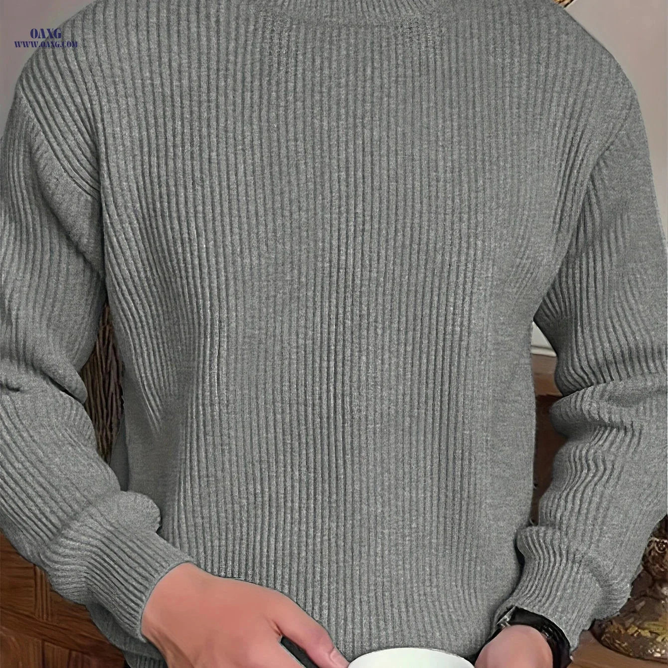 Men's Solid Color Long Sleeve Sweater - Versatile Autumn Knit Top   OAXG 
