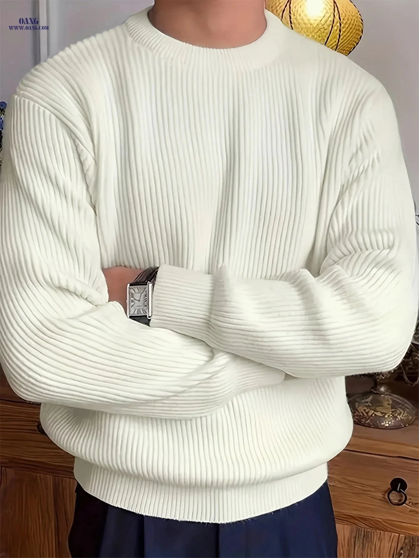 Men's Solid Color Long Sleeve Sweater - Versatile Autumn Knit Top   OAXG 