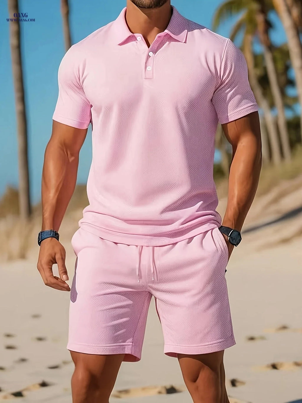 Men's Solid Color Polo & Drawstring Shorts Set - Casual Summer Look   OAXG 