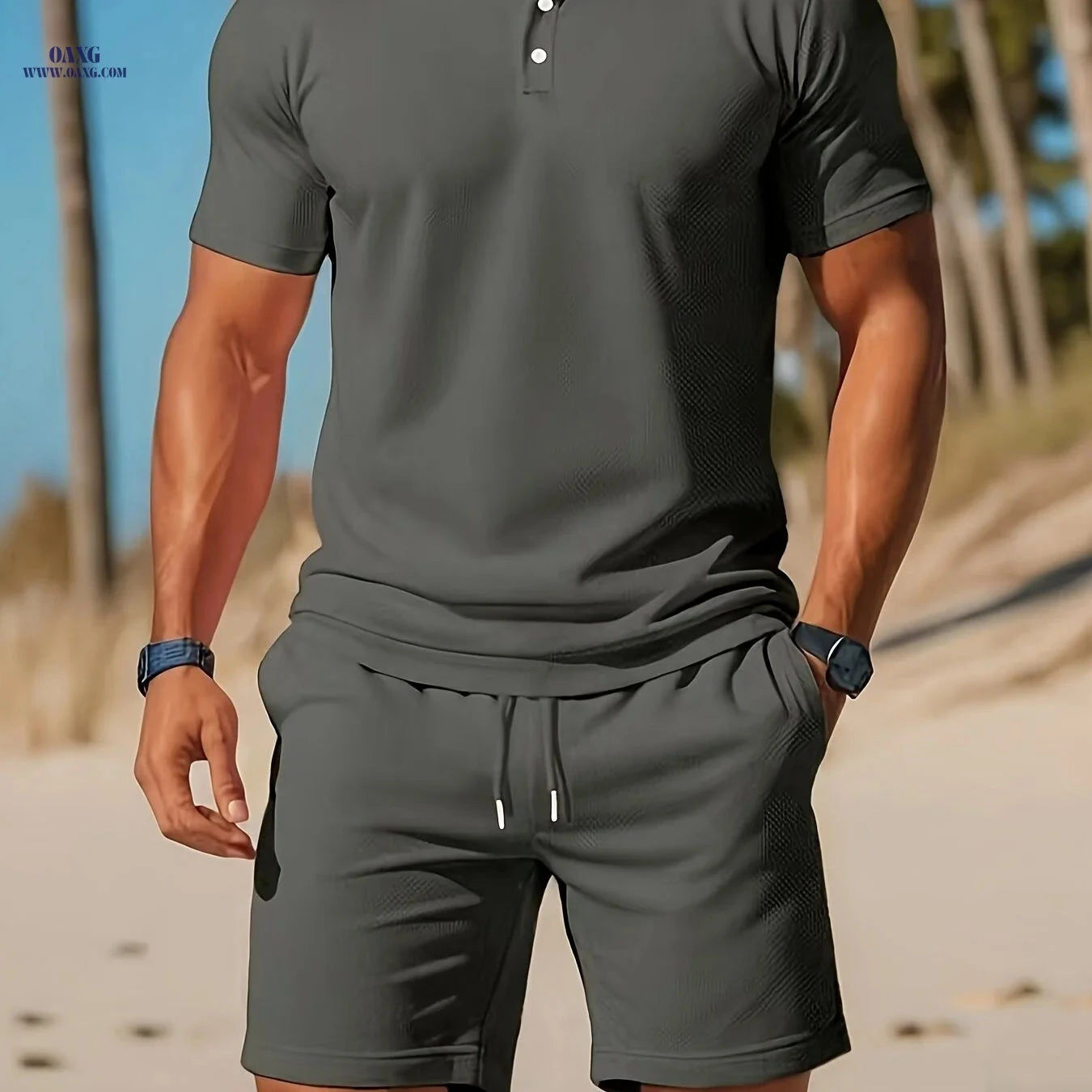 Men's Solid Color Polo & Drawstring Shorts Set - Casual Summer Look   OAXG 