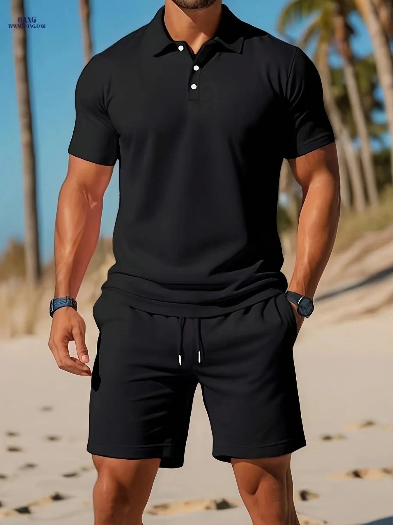 Men's Solid Color Polo & Drawstring Shorts Set - Casual Summer Look   OAXG Sky Blue / FR S