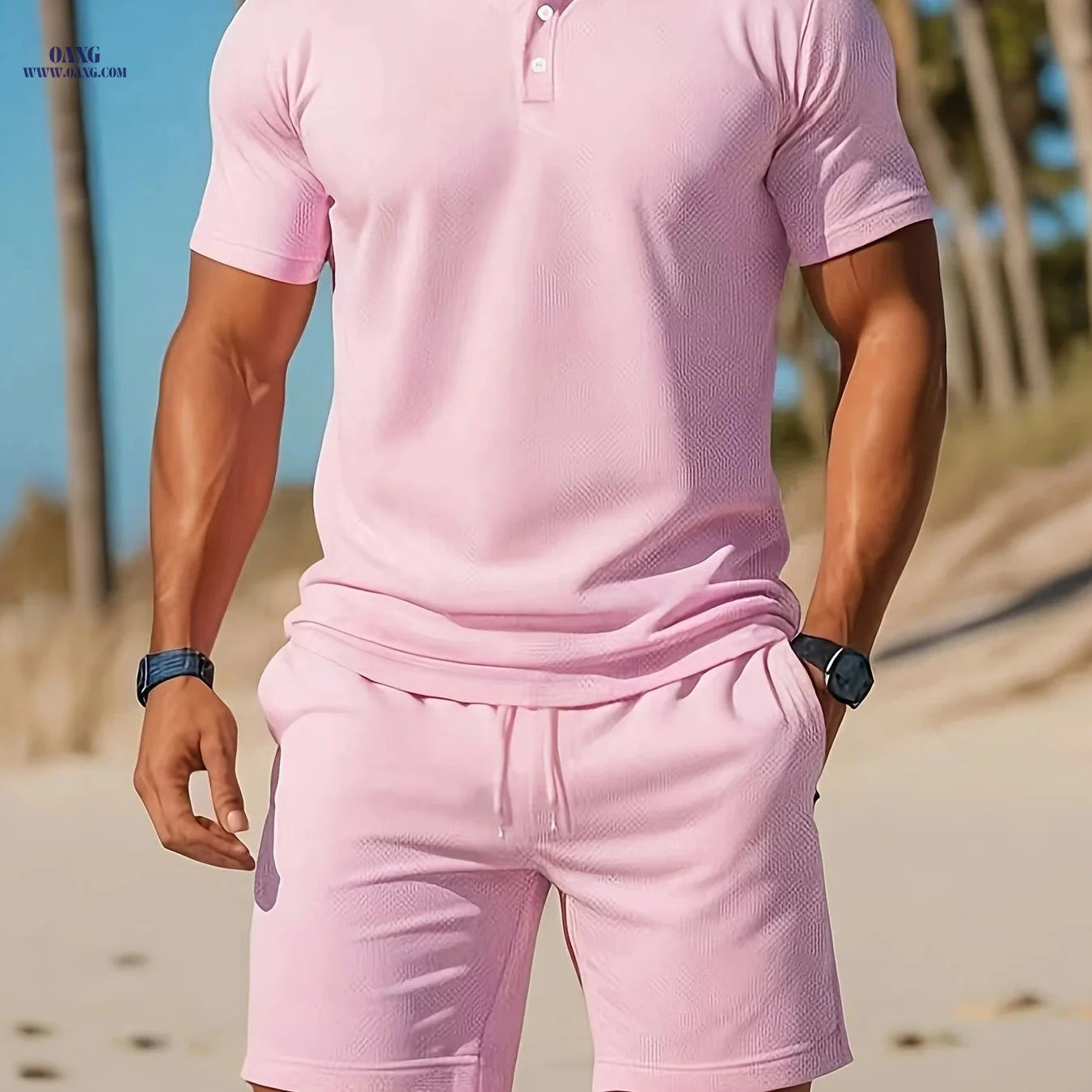 Men's Solid Color Polo & Drawstring Shorts Set - Casual Summer Look   OAXG Sky Blue / FR S