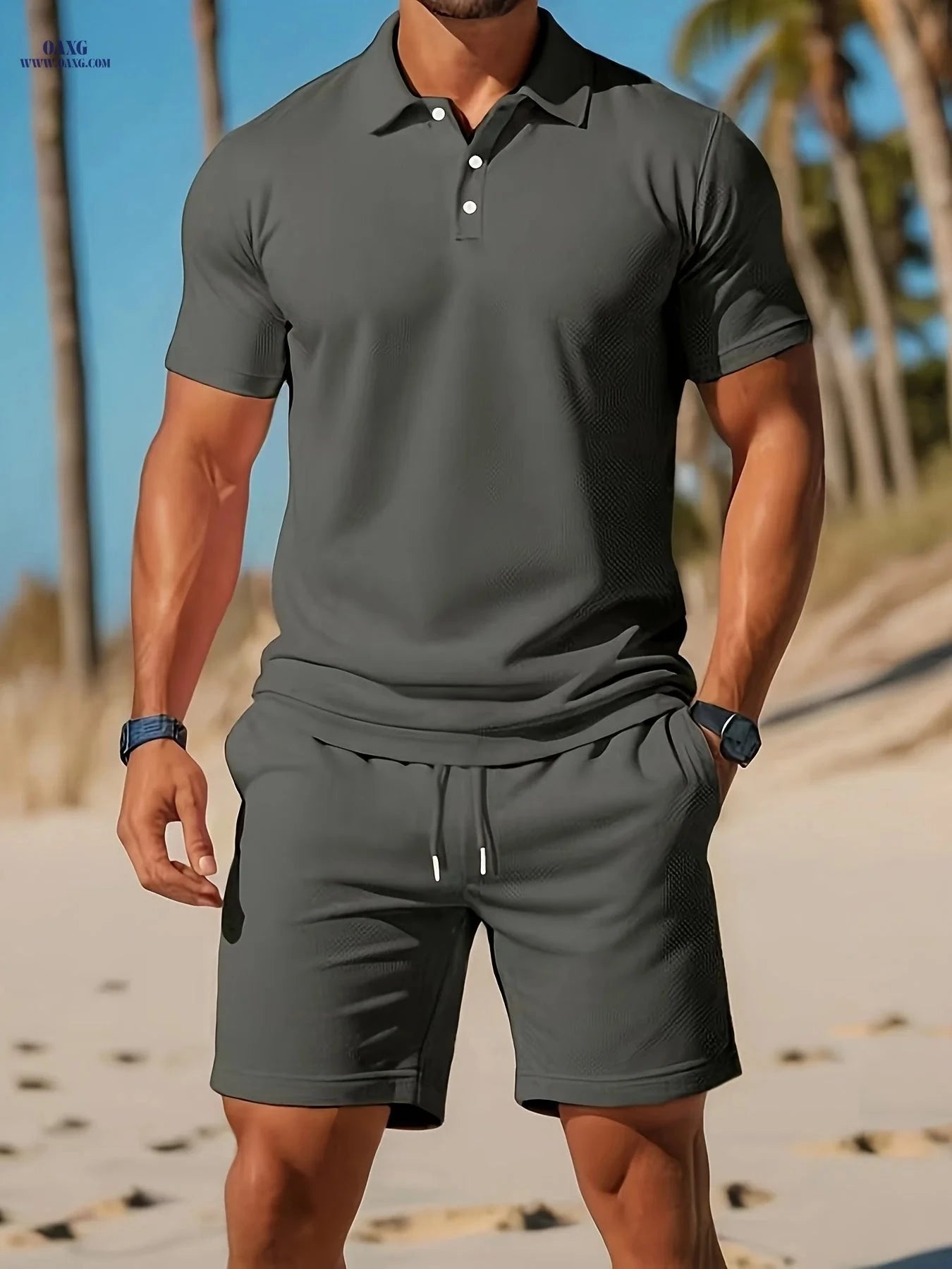 Men's Solid Color Polo & Drawstring Shorts Set - Casual Summer Look   OAXG 