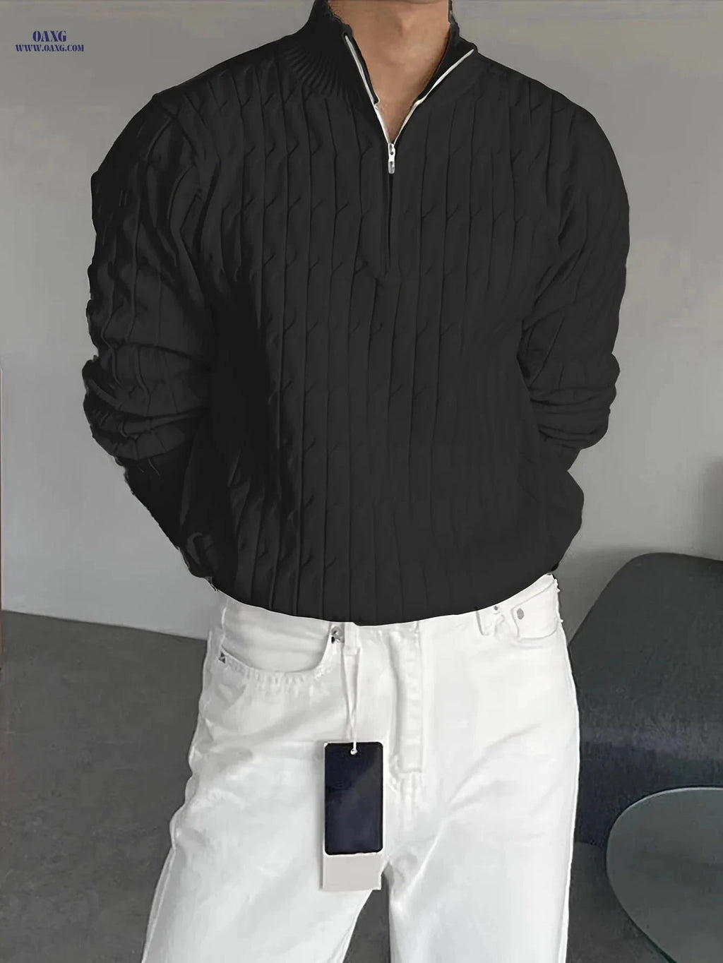 Men’s Solid Color Quarter Zip Pullover Sweater for Casual Wear   OAXG White / FR S