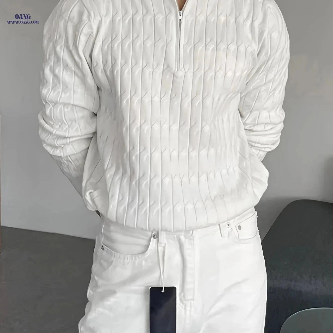 Men’s Solid Color Quarter Zip Pullover Sweater for Casual Wear   OAXG White / FR S