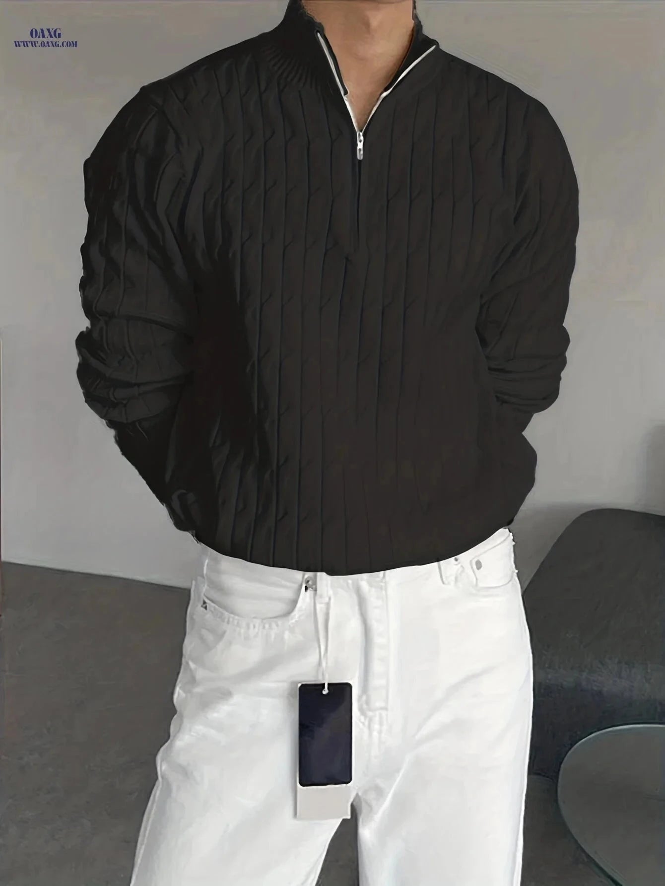 Men’s Solid Color Quarter Zip Pullover Sweater for Casual Wear   OAXG White / FR S