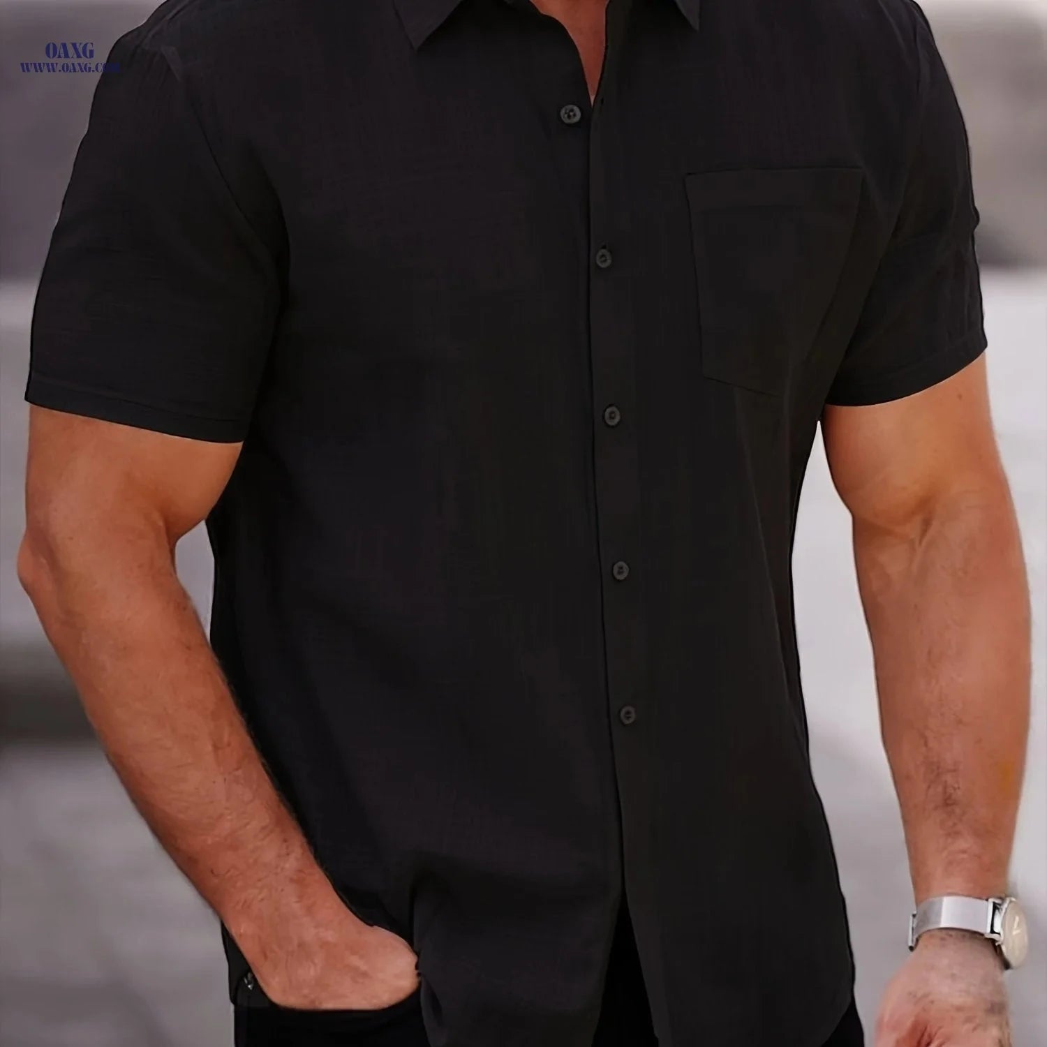 Men’s Solid Color Short-Sleeve Shirt - Lightweight, Breathable Fabric   OAXG 