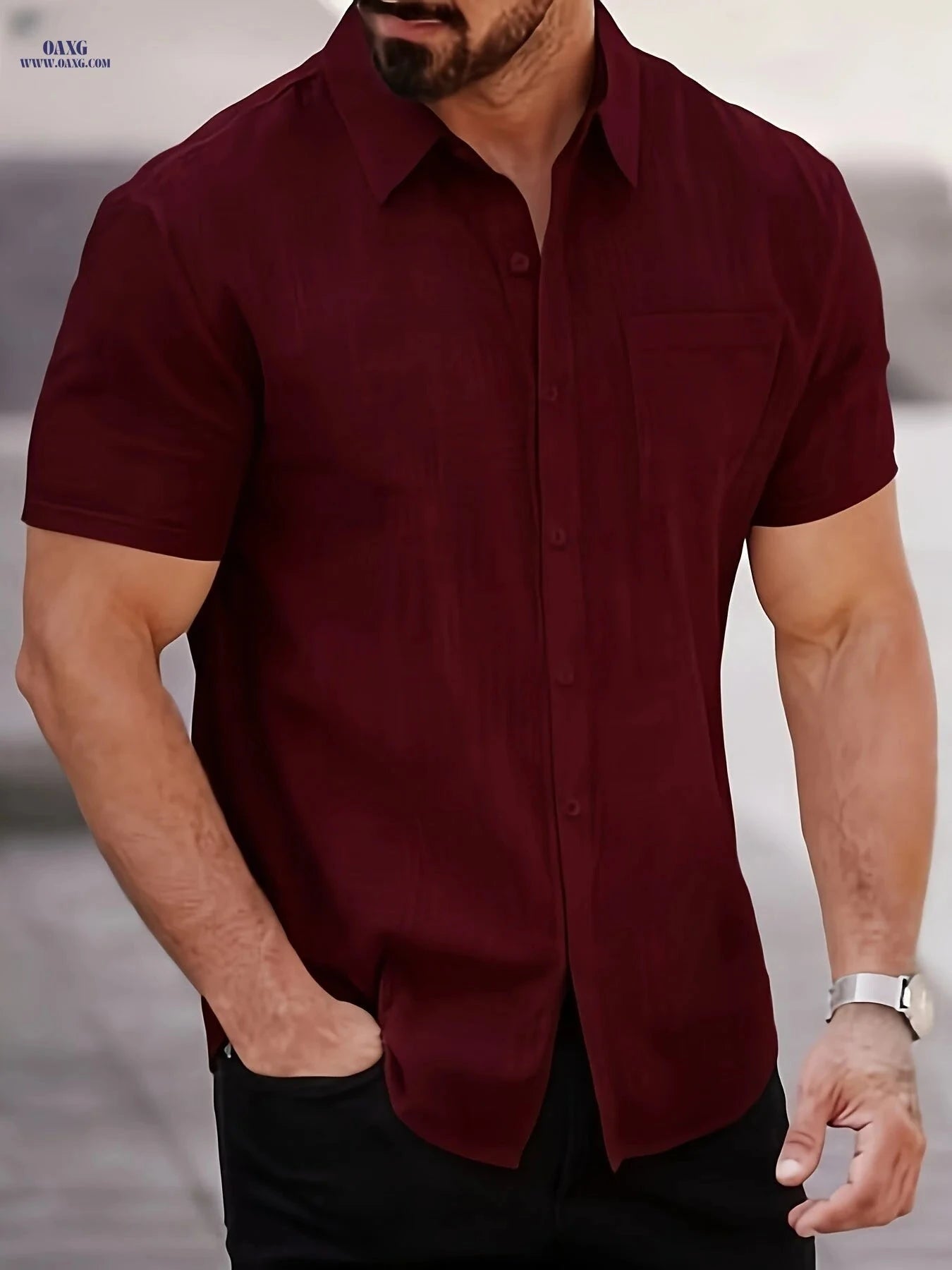 Men’s Solid Color Short-Sleeve Shirt - Lightweight, Breathable Fabric   OAXG 