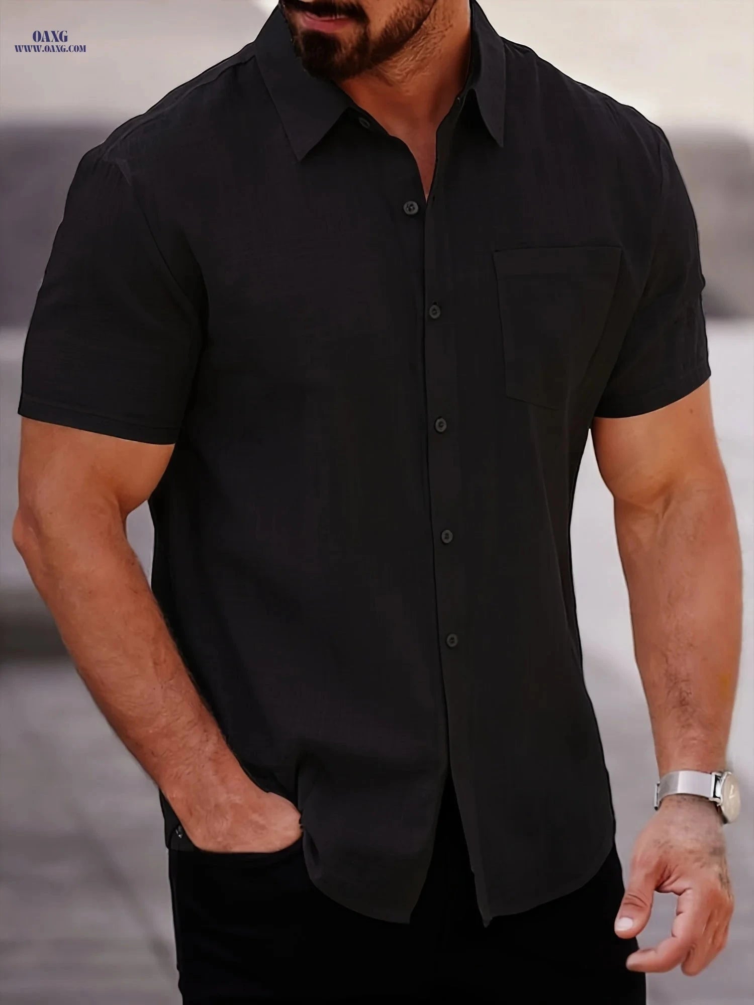Men's Solid Color Short-Sleeve Shirt - Lightweight, Casual Summer Fit   OAXG 