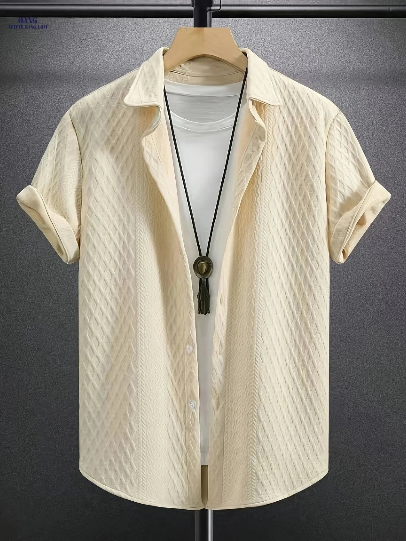 Men's Solid Color Short Sleeve Shirt - Vintage Lapel for Summer Style   OAXG 