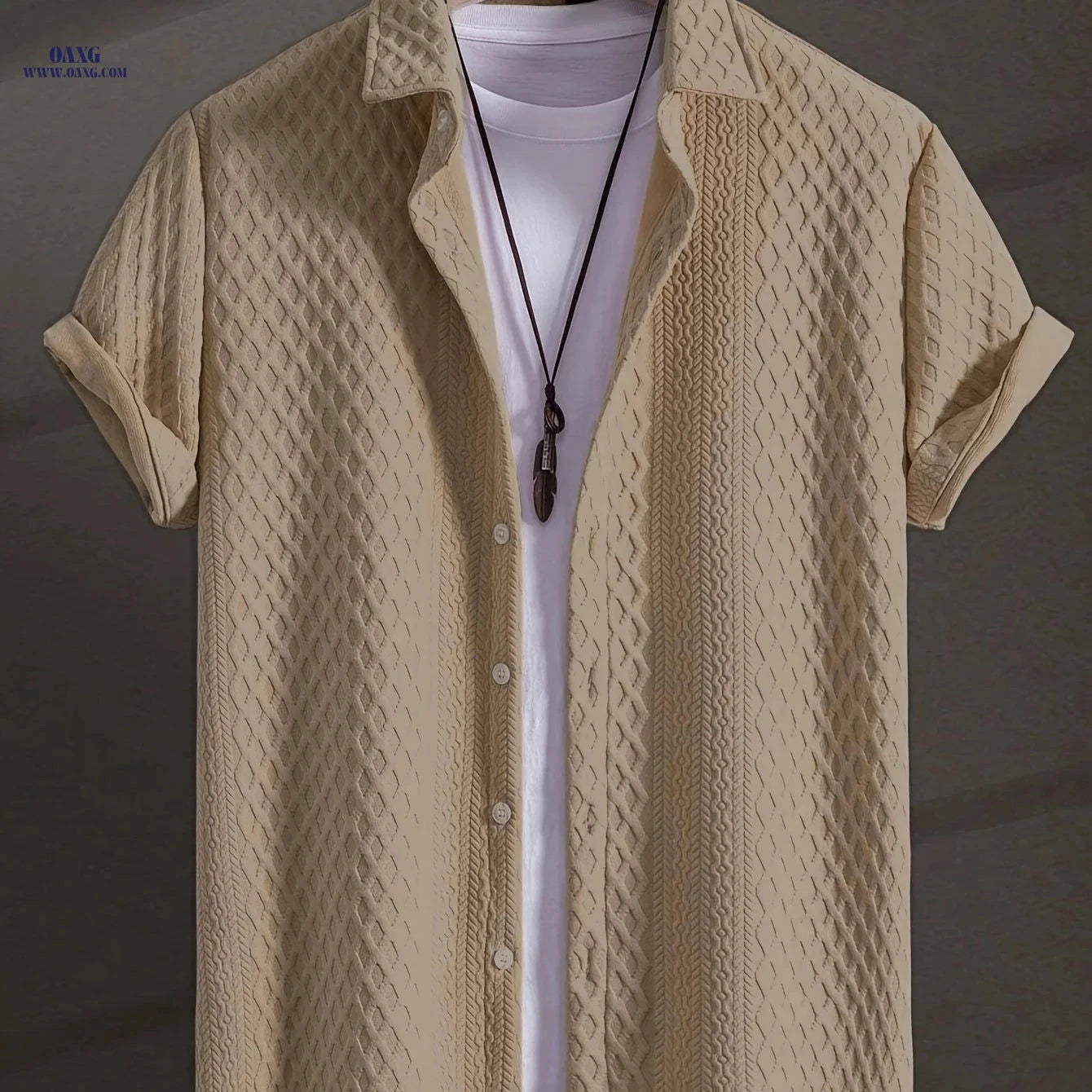 Men's Solid Color Short Sleeve Shirt - Vintage Lapel for Summer Style   OAXG 