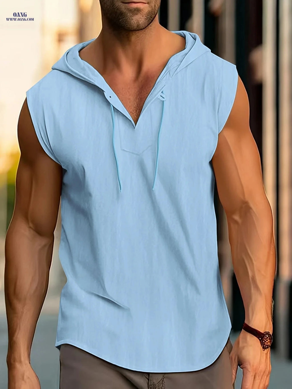 Men’s Solid Color Sleeveless Hoodie - Stylish Cotton Sports Pullover   OAXG 