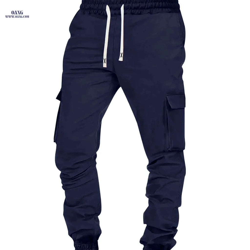 Men's Solid Color Work Pants - Loose Fit, Multi Flap Pockets   OAXG 