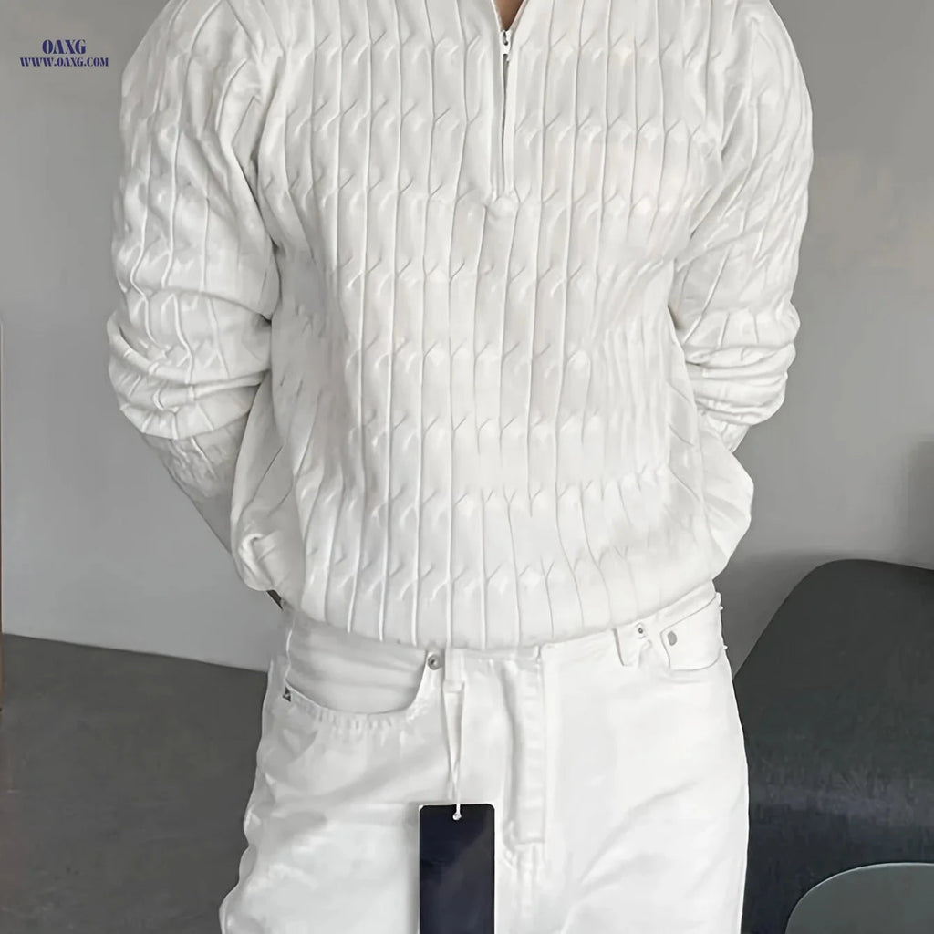 Men’s Solid Color Zipper Pullover Sweater - Casual Fall/Winter Style   OAXG 