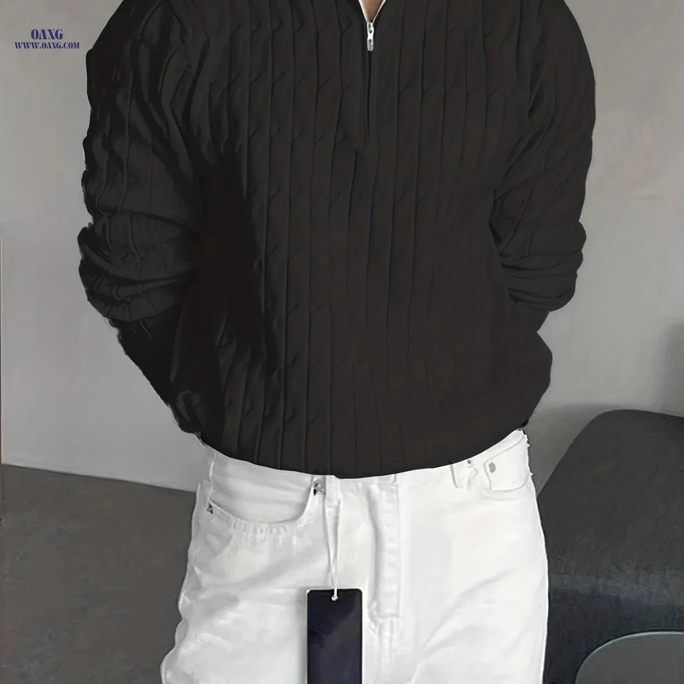 Men’s Solid Color Zipper Pullover Sweater - Casual Fall/Winter Style   OAXG White / FR S