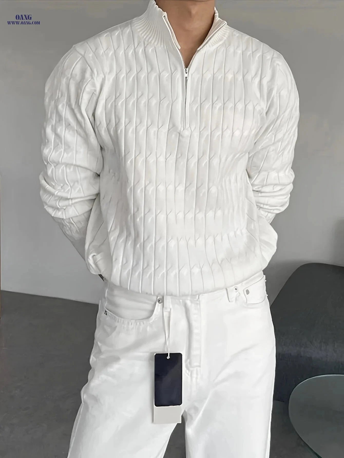 Men’s Solid Color Zipper Pullover Sweater - Casual Fall/Winter Style   OAXG White / FR S