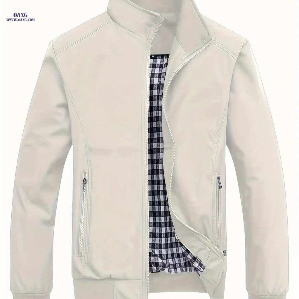 Men's Solid Stand Collar Jacket - Casual Spring Fall Zip-up   OAXG Beige / FR L